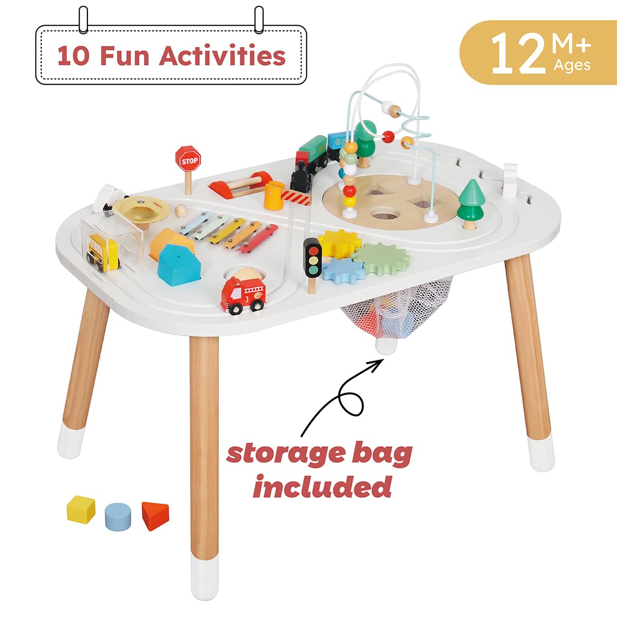 touch us Baby Activity Cubes for Kids,Toddler Activity Cubes&Activity Center Table with Wooden Bead Mazes，Mini Toy Car,Gears&Blocks|Wooden Desk Play Table as Montessori Toy for 1 Year Old Boy Girl