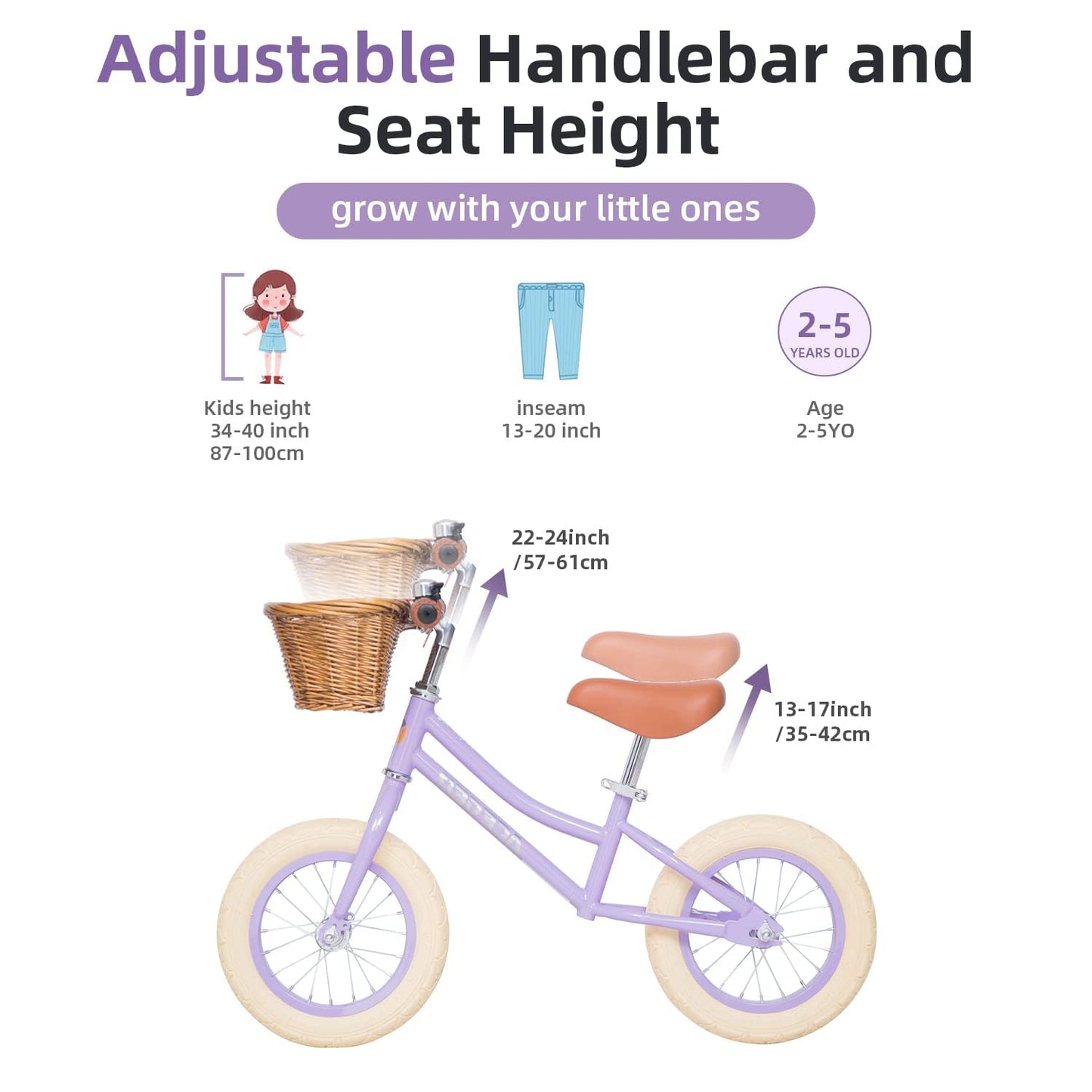 ACEGER 12" Kids Balance Bike with Basket, No Pedal Toddler Bicycle for Early Learning Leg Strength and Steady Balancing, Durable Frame&Tool-Free Adjustable Seat, Gift Bike for 2-5 Kids