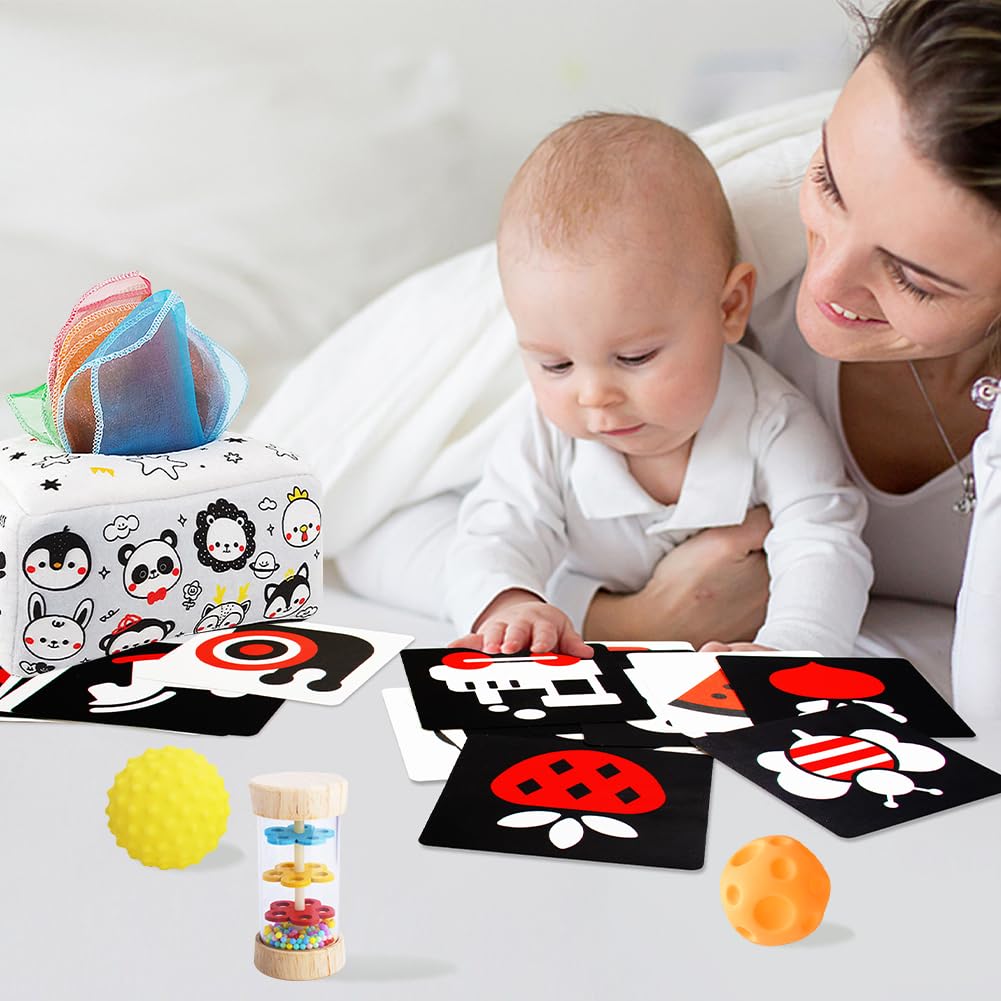 Montessori Toys for Babies 0-6 Months,7 in 1 Newborn Toys Baby Gifts Set Early Learning Toys with Black & White Baby Flashcards,Tummy Time Mirror,Baby Rattle,Sensory Balls,Tissue Box,Rain Stick