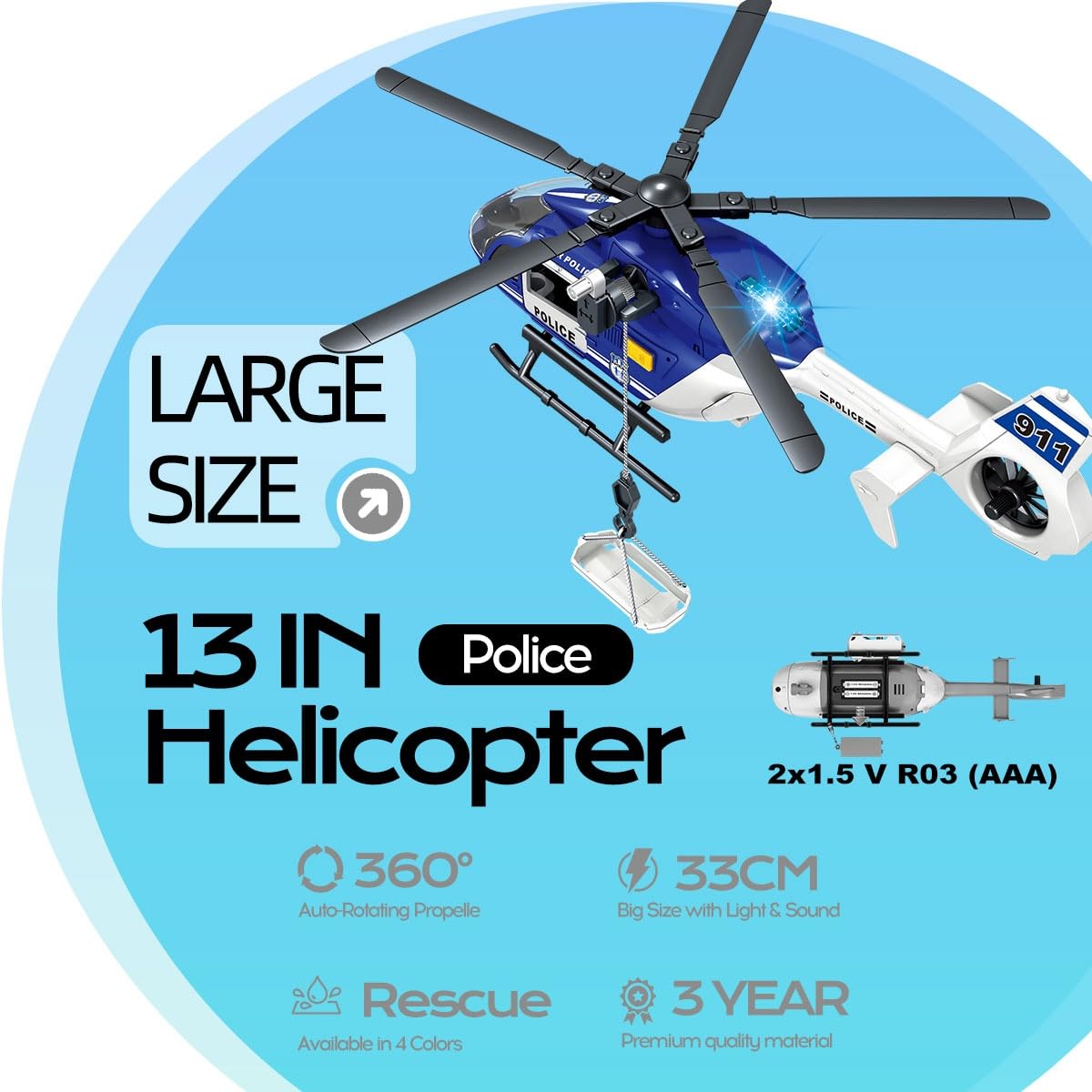 STOULKD Toys for 2 3 4 5 6 7 Year - Olds, 13" Blue - and - White Police Helicopter Toy - Interactive Lights, Siren Sounds & Openable Doors, Great Gift for Boys & Girls