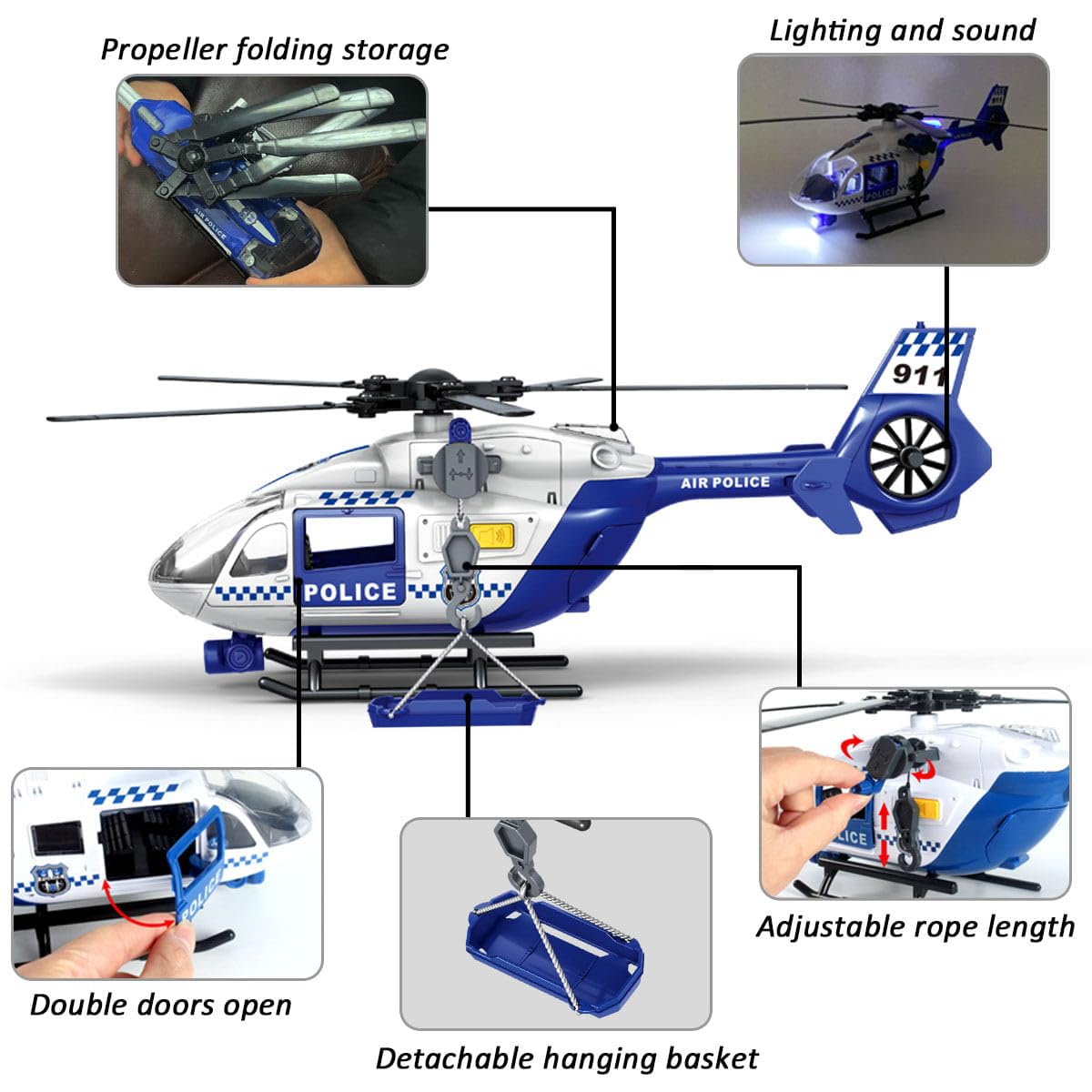 Police Toys Helicopter 15-in Airplane Toys for Kids with Hanging Basket Sounds and Lights for Boys Ages 3 4 5 6 7