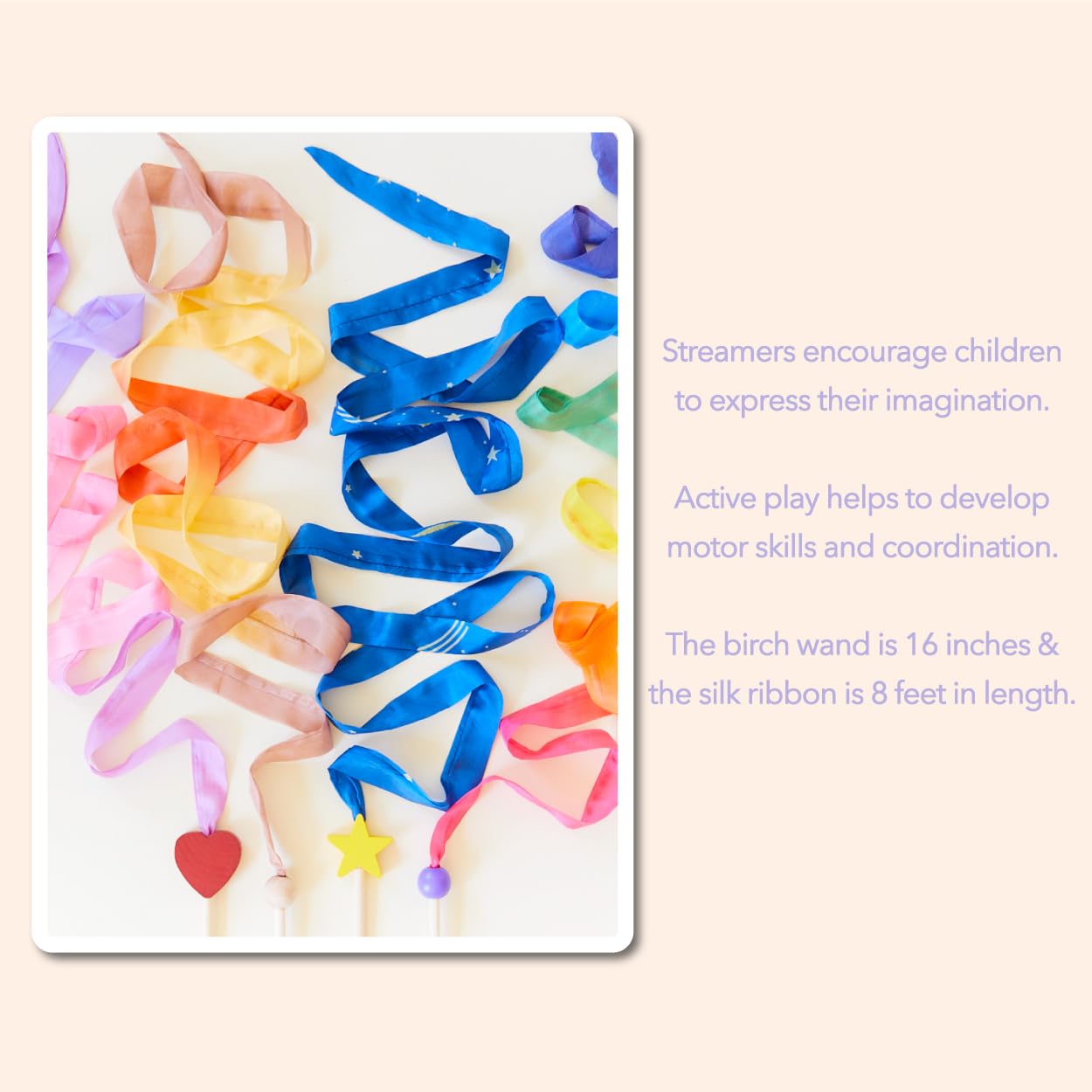 Sarah's Silks Boho Rainbow Streamer - 8' Long Ribbon Wand for Kids, Pretend Play, Dance, Baton Stick Twirling, and Gymnastics Party Favors | 100% Silk and Wood Montessori and Waldorf Toys (1)