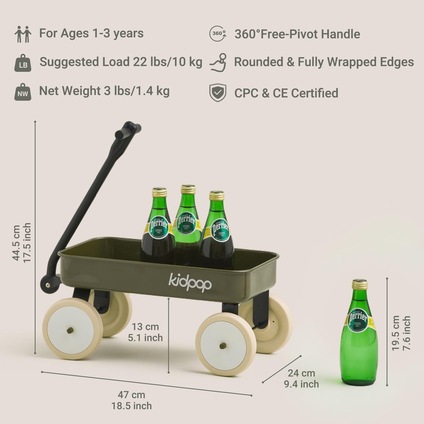 Kidpop Pula-Mini First Wagon for Toddlers, 4-Wheel Baby Pull Toy Cart for Kids Ages 1-3, Indoor & Outdoor Push Walker Toy, Ideal 1 Year Old Birthday Gifts (Green)
