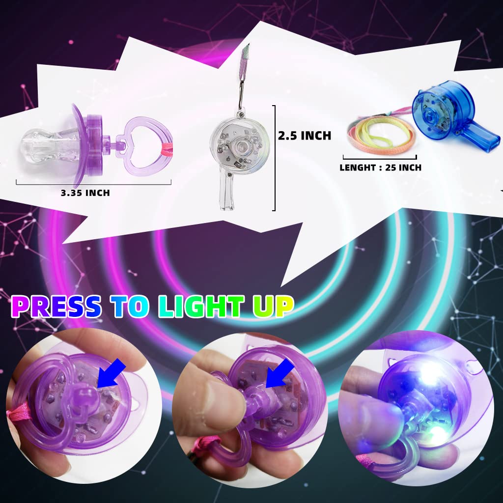 PROLOSO 20 PCS Light up Flashing Whistles Glow in the Dark Party Supplies Include 10 Pacifier Whistles and 10 Round Whistles with Lanyard