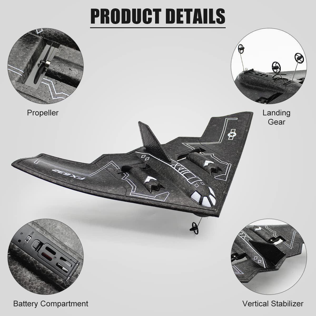 Ouhgnoh RC Plane 2.4Ghz 2 Channels EPP Foam, Remote Control B-2 Spirit Stealth Bomber Plane, Easy to Fly RC Glider Toys for Kids, Adults and Beginners with 3 Batteries