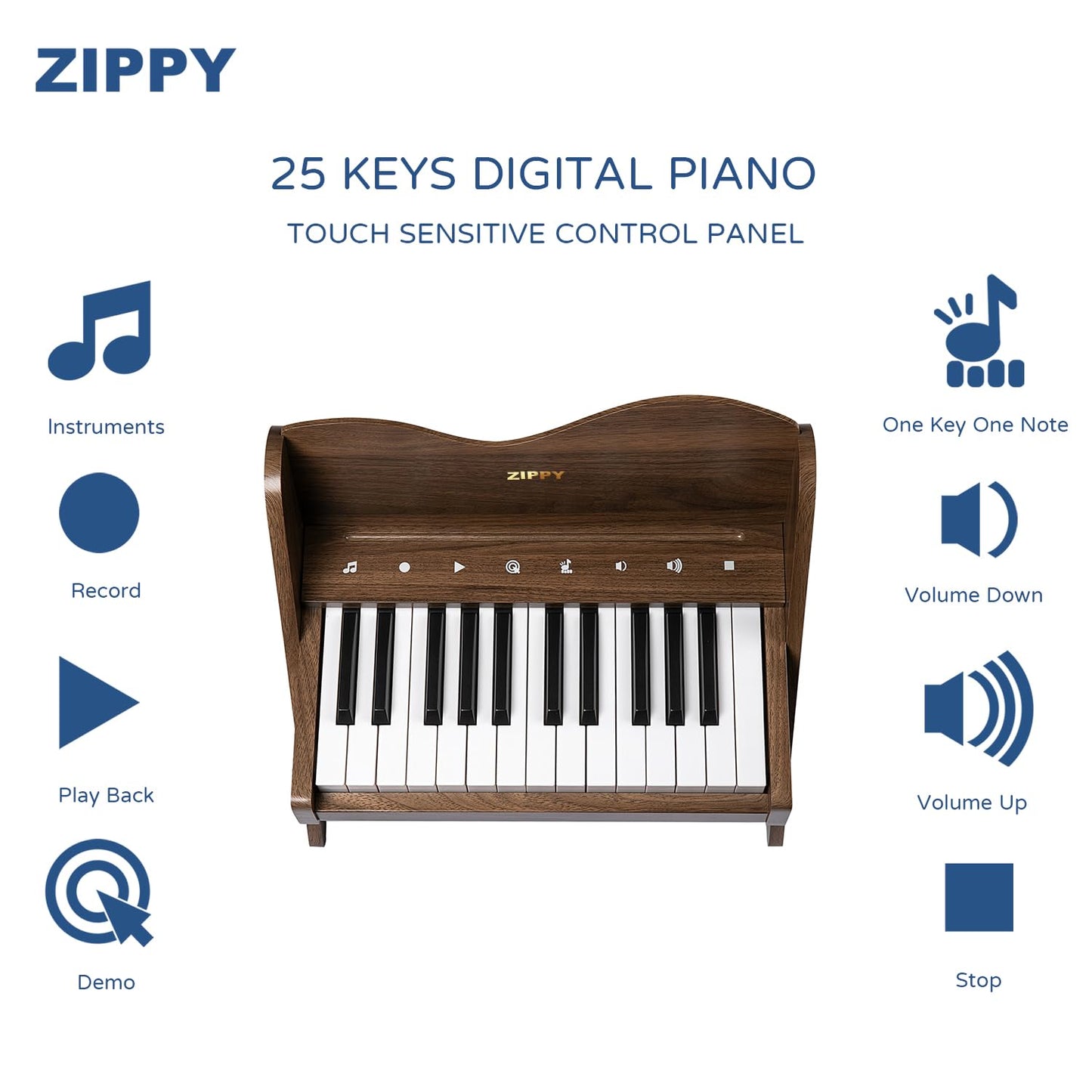 ZIPPY Kids Piano Keyboard, 25 Keys Digital Piano for Kids, Touch Sensitive Control Panel, Volume Adjustable, Mini Music Educational Instrument Toy, Wood Toy for Toddlers Girls Boys (Walnut)