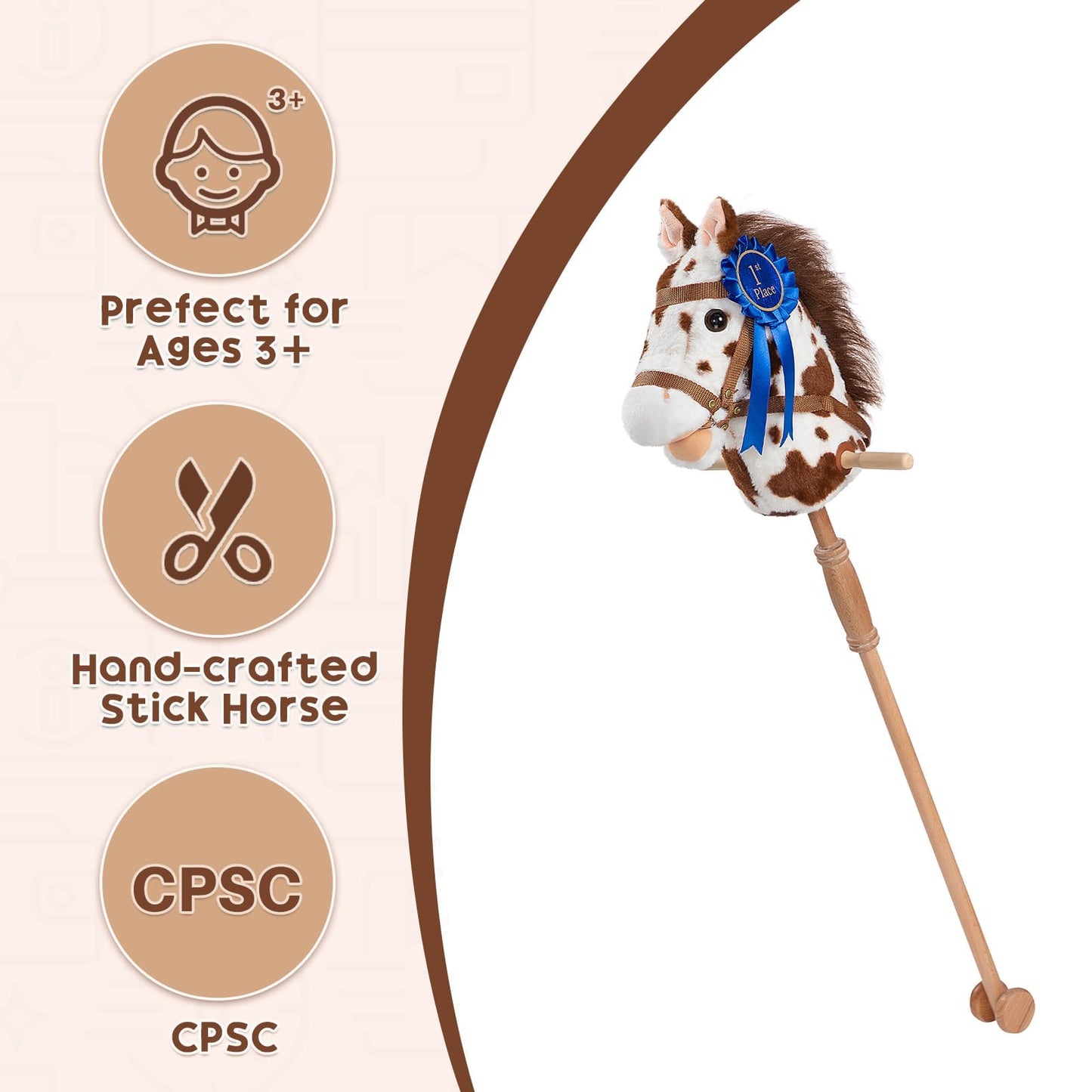 HollyHOME Stick Horse Plush with Detachable Blue Ribbon Champion Hobby Horse on Stick with Wood Wheels Real Pony Neighing for Kids Toddlers Appaloosa 36 Inches(AA Batteries Required)