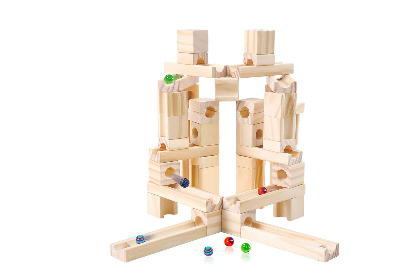 Golden Age Marble Run Toys, 60 Pieces Wooden Classic Ramps Track Building Construction Set for Children Toddler