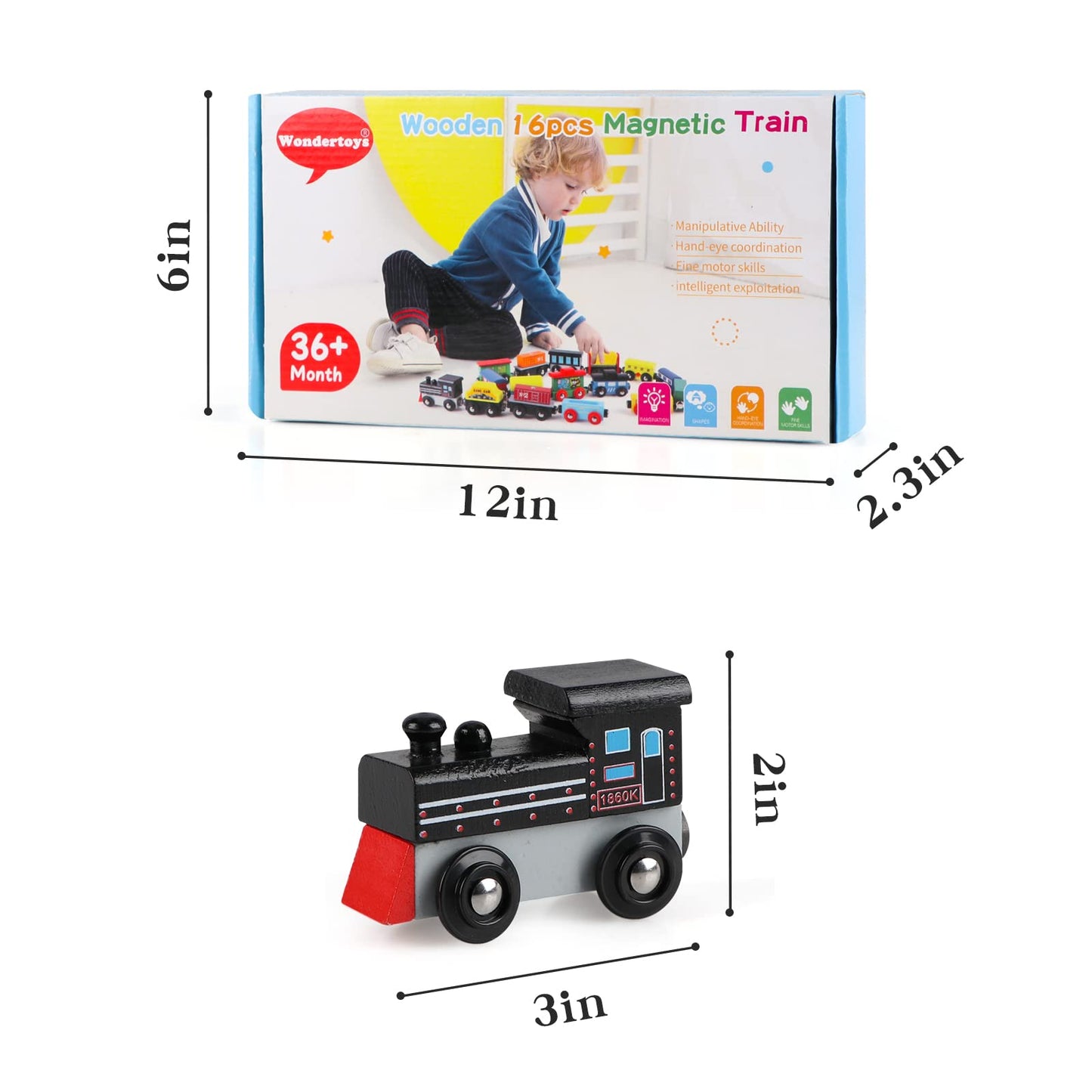 Wondertoys Wooden Train Set 16 PCS Train Toys Magnetic Set Includes Storage Bag - Wooden Track Accessories - Wooden Magnetic Car Set for Toddlers Kids Boys and Girls