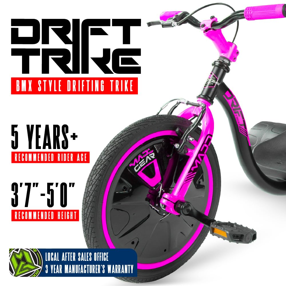 Drift Trike for Kids Ages 5+ – 16" Front Wheel Ride-On with Adjustable Seat, Steel Frame, Rear Slick Drift Wheels & Safety Flag – Madd Gear (Pink/Teal)