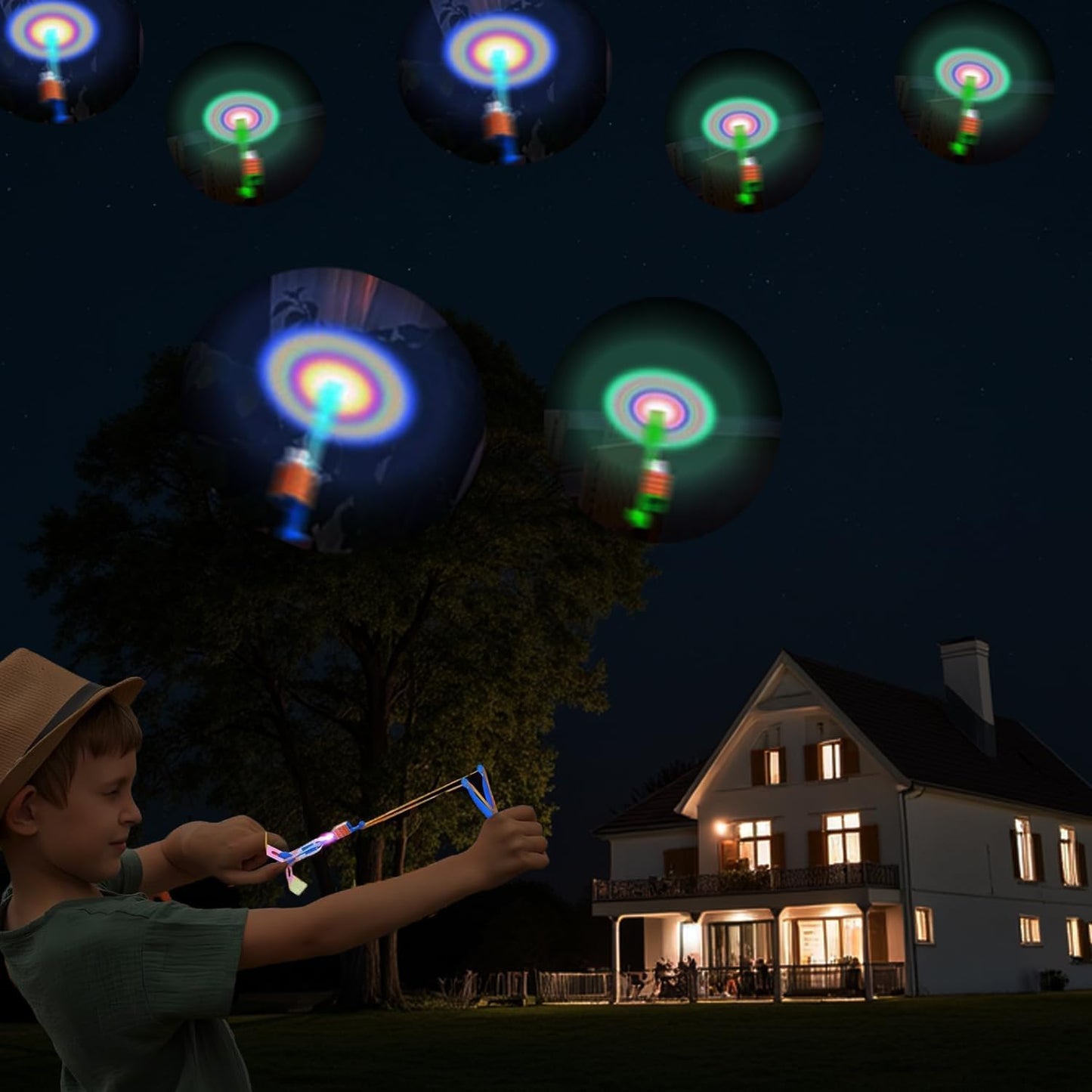 Krcilcuk 50 Sets LED Flying Set, 25 Slingshot + 25 Glow Helicopter, Glow in The Dark Party Favors for Kids, Outdoor Game Toys Party Supplies Gifts Bulk