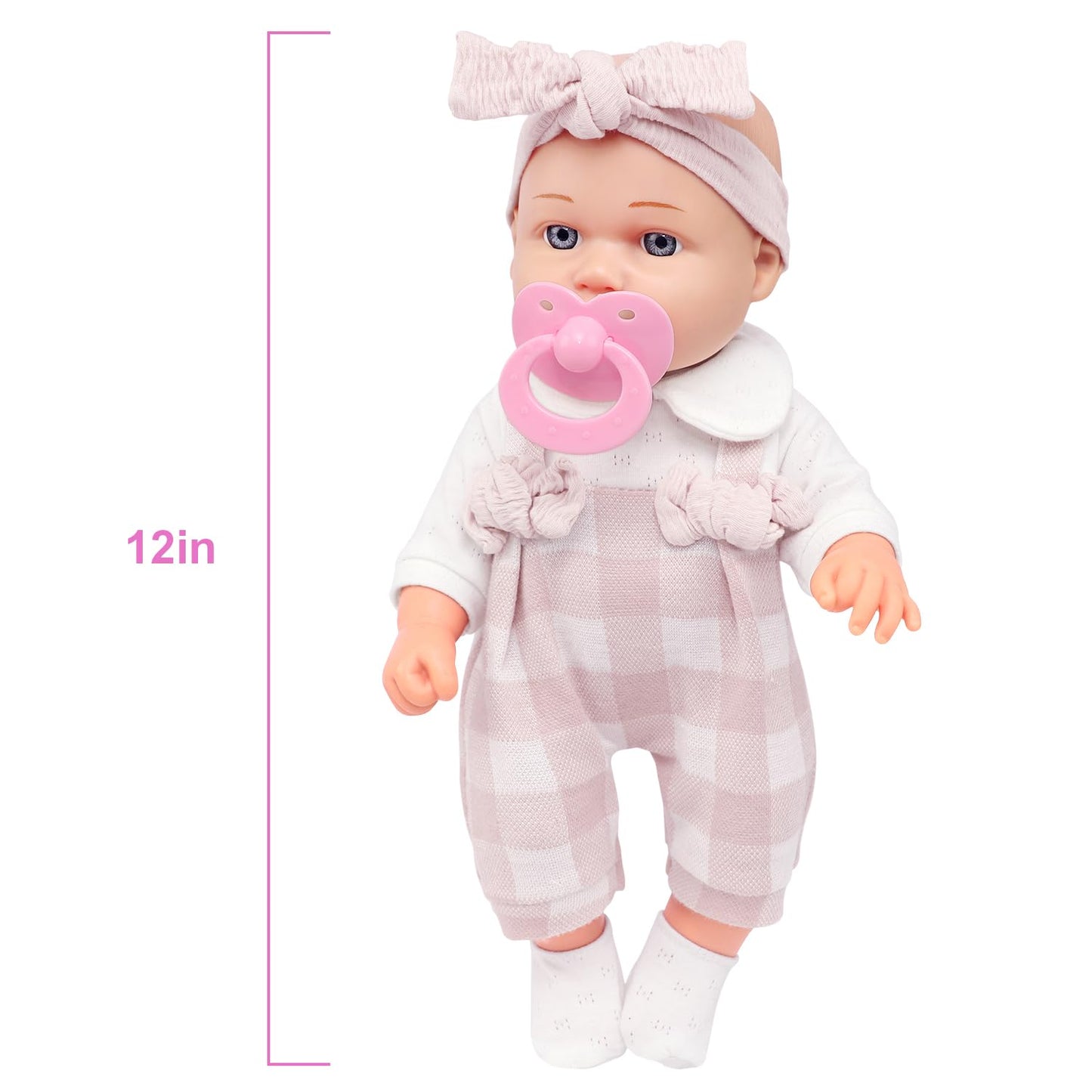 Ecore Fun 12" Baby Doll and Clothes Accessories Playset - 6 Pcs 12 Inch Doll with Pink Romper Outfit, Headband, Socks, Pacifier, Bottle | Gift Ready in Box