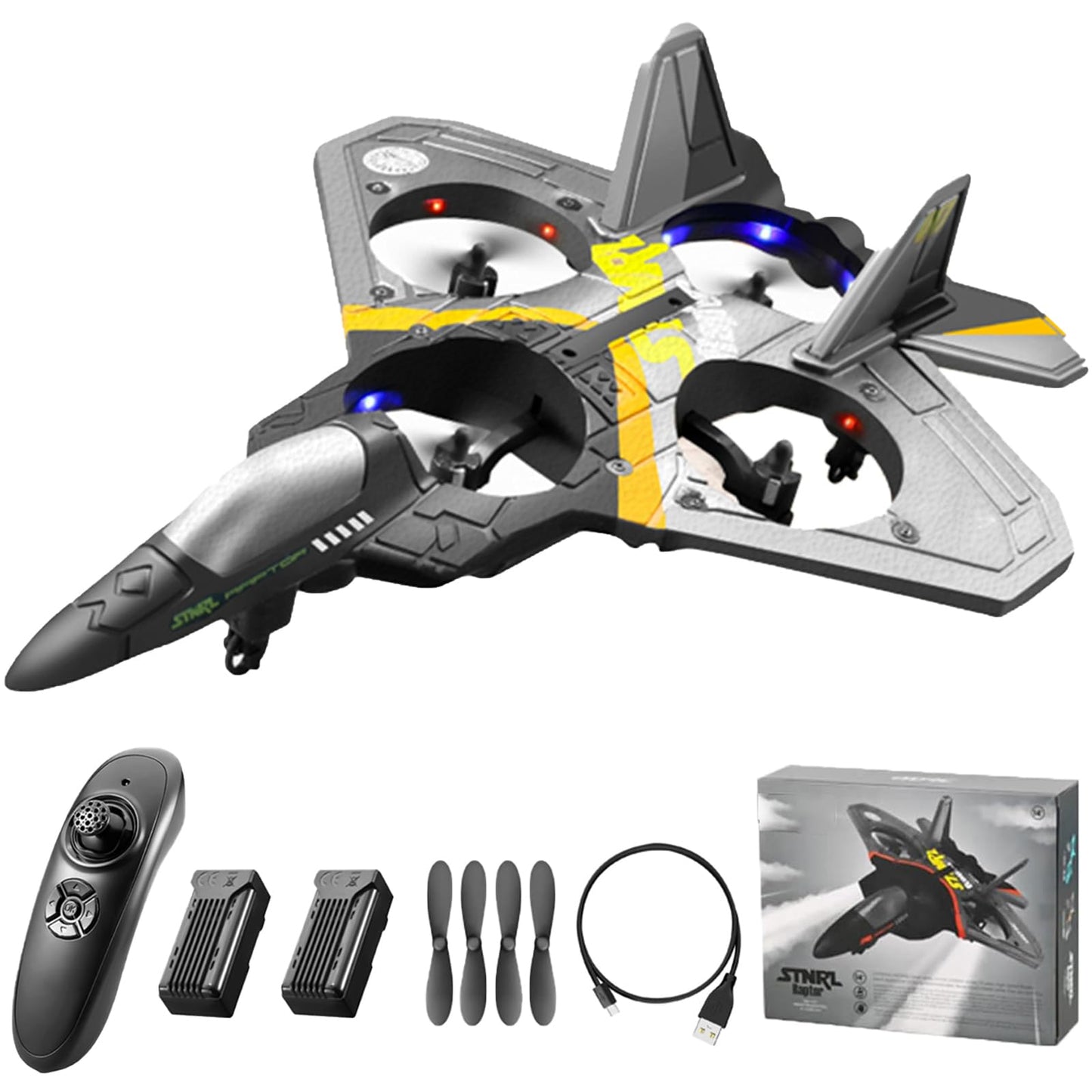 GoolRC V17 Remote Control Plane, 2.4Ghz Foam RC Airplanes Jet Fighter Stunt RC Airplane with Spinning Drone,Gravity Sensing,Stunt Roll,Cool Light,2 Battery forTeens Adults