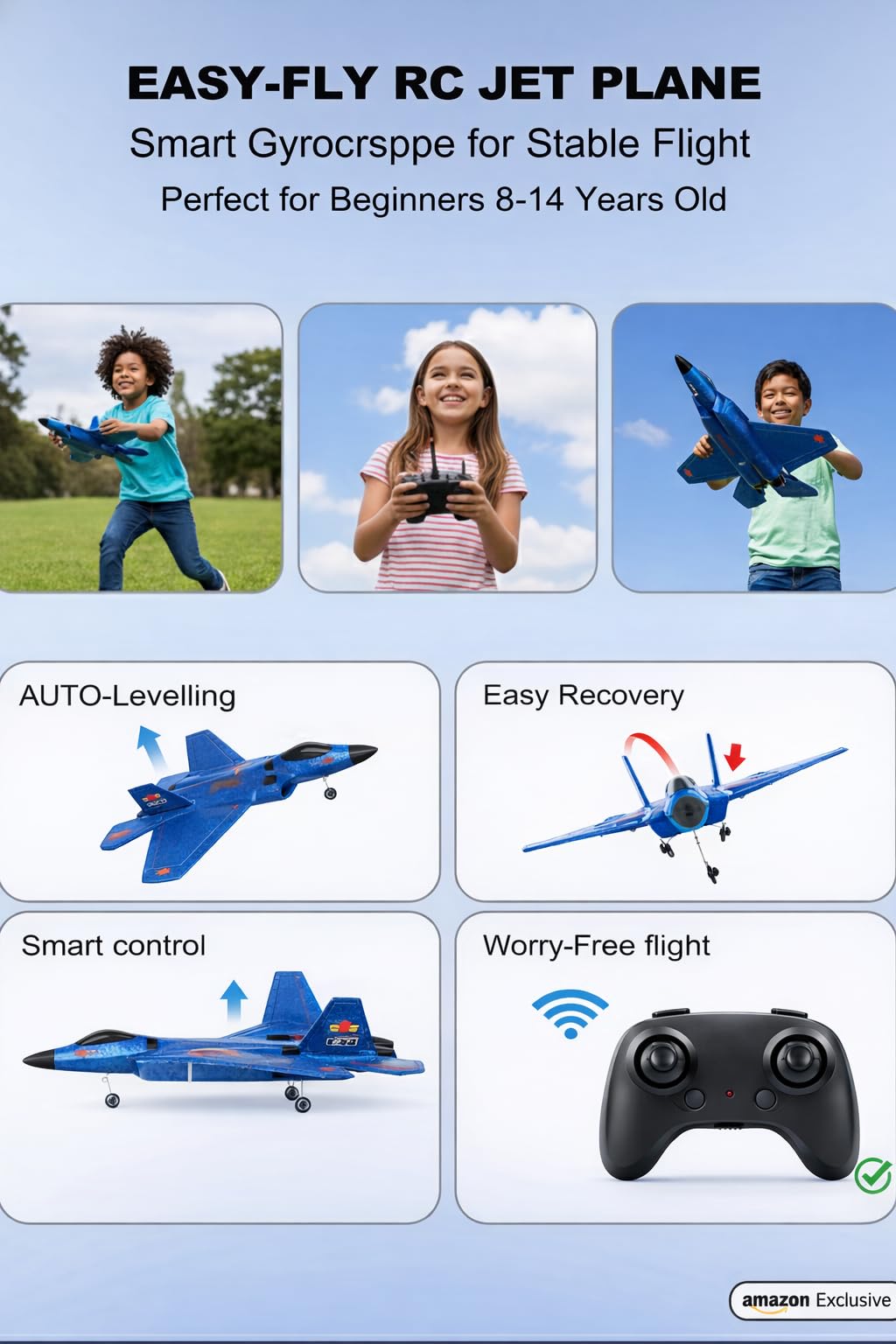 ANTSIR Remote Control Plane F-22 Raptor, 2.4GHz Durable Foam Rc Airplane with Smart Gyro/LED Lights/3 Rechargeable Batteries, RC Jet Glider Toy Gift for Kids Boys Girls 8-16 Year Old (Blue)