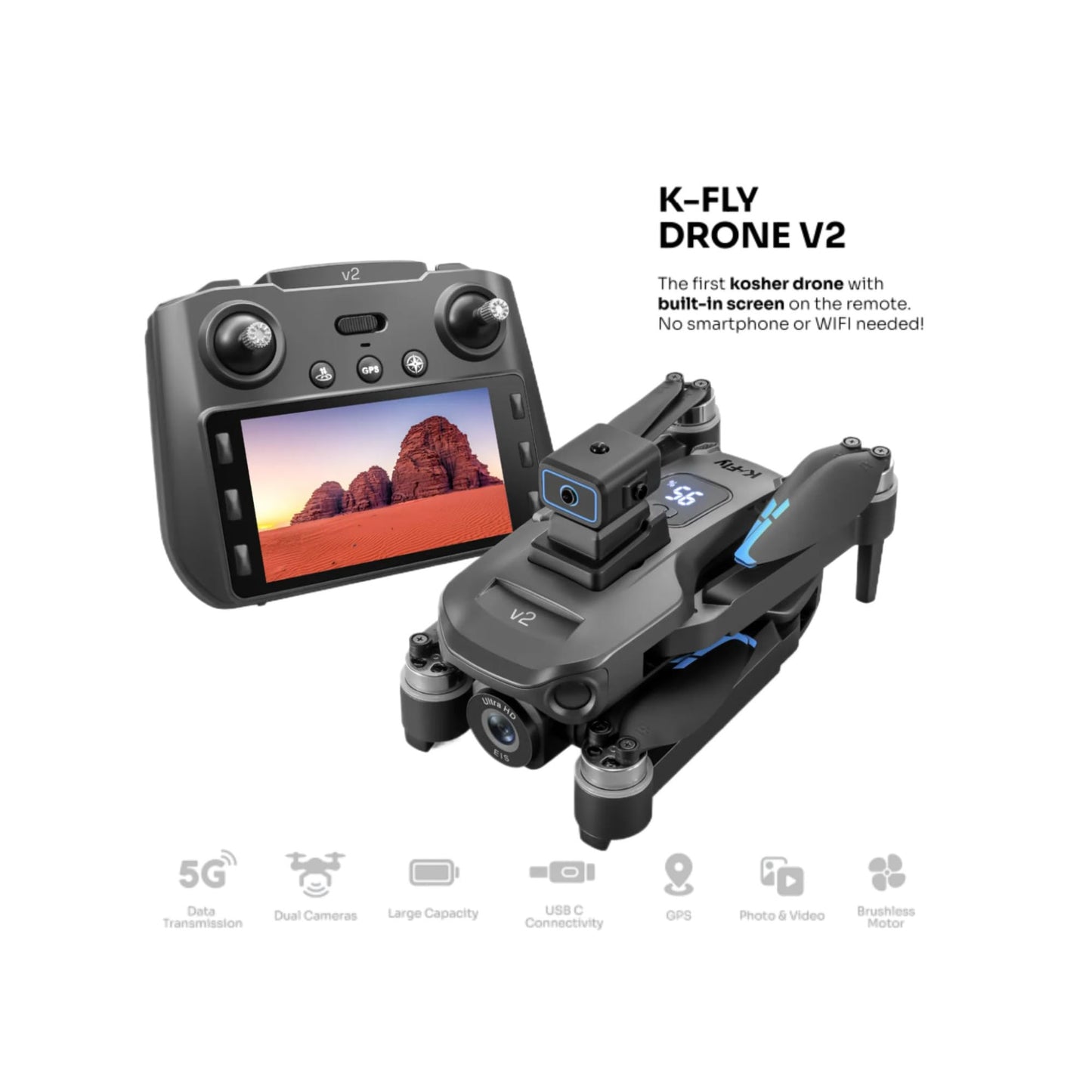 K-Fly Kosher Drone V2 - Dual Camera with Built-in Screen and Long Range Flight (No Smartphone or WiFi Needed)
