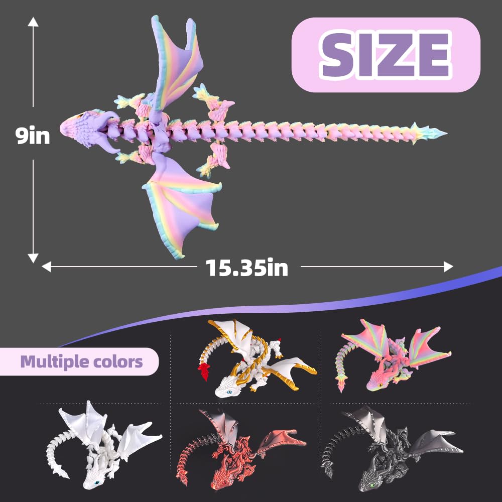 WUQIREN 3D Printed Dragon with Wings, 3D Printed Animals Toys, Fidget Dragon Toys, Flexible Articulated Winged Crystal Dragon Model, Desktop Pet Decor, Dragon Gift for Kids & Adult (Random-Rainbow)