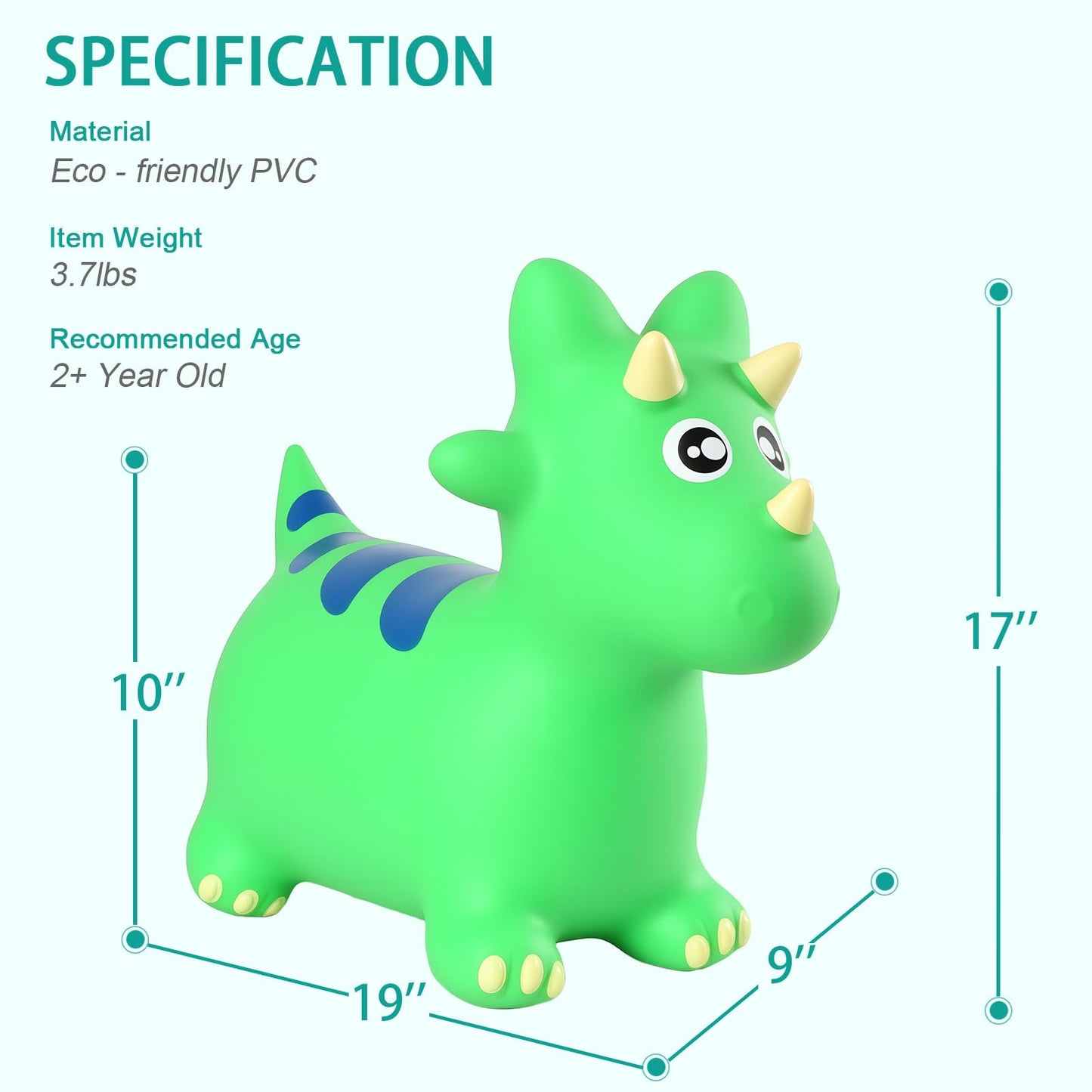 INPANY Bouncy Horse, Dinosaur Hopper Toys, Toddler Bouncing Animal, Dinosaur Party Decorations, Inflatable Ride on Rubber Triceratops Bouncer, Outdoor Cool Birthday Gift for 2 3 4 Yr Boy Girl Green