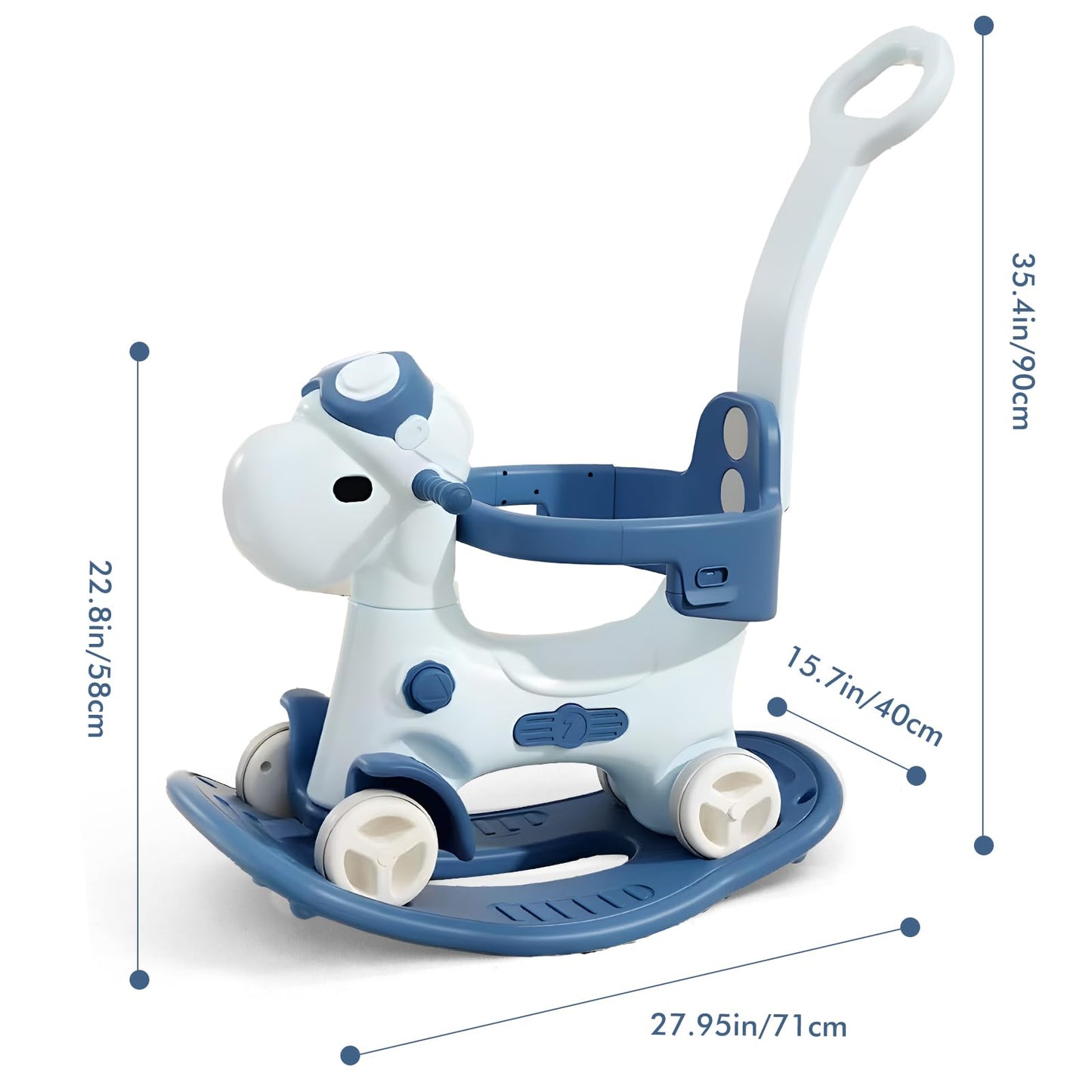 4 in 1 Rocking Horse for Toddlers 1-3 Years Old, Baby Rocking Toy Fun Birthday Gift for 1+ Kids, Ride on Toy with Guard Rails, Detachable Balance Board and Footrest with Push Handle (Blue)