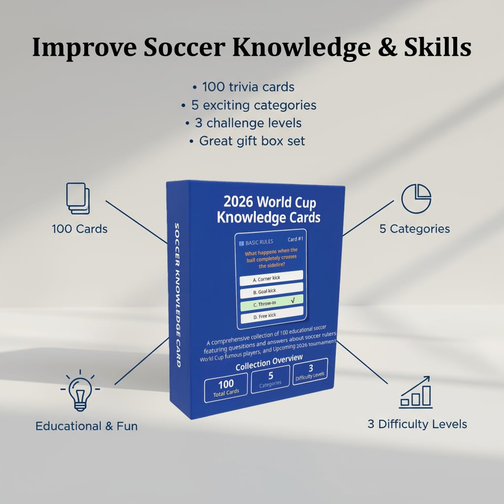 YXYOUNG 2026 World Cup Soccer Knowledge Trivia Cards Game - 100 Educational Question Cards, 5 Categories, 3 Difficulty Levels, Family and Friend Game Gift for Kids and Adults
