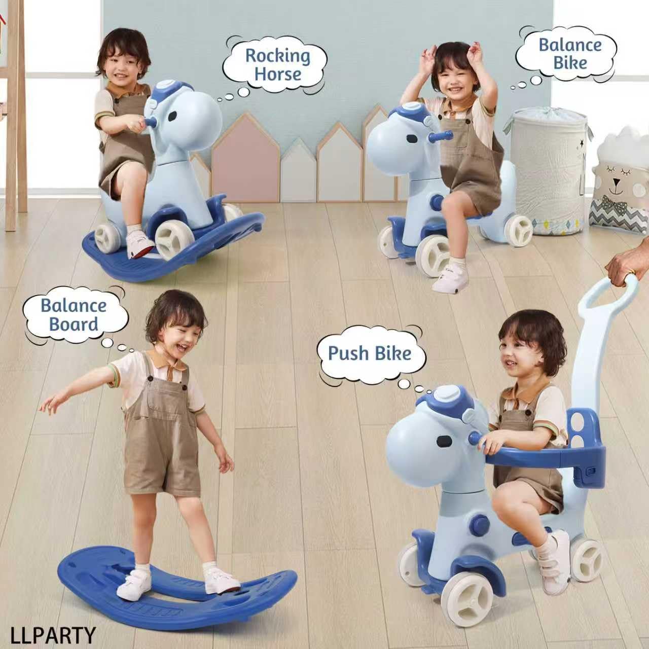 4 in 1 Rocking Horse for Toddlers 1-3 Years Old, Baby Rocking Toy Fun Birthday Gift for 1+ Kids, Ride on Toy with Guard Rails, Detachable Balance Board and Footrest with Push Handle (Blue)