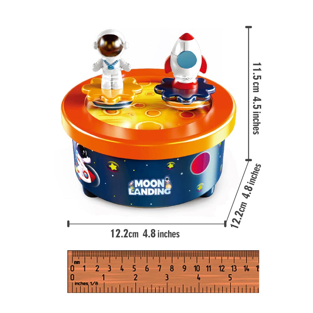 Moon Landing Music Box with Astronaut & Rocket Figures – Wind-Up Musical Space Toy Plays “Fly Me to the Moon” – Spinning Cake Topper Decoration – 4+ Minute Playtime – Birthday Gift for Kids & Adults