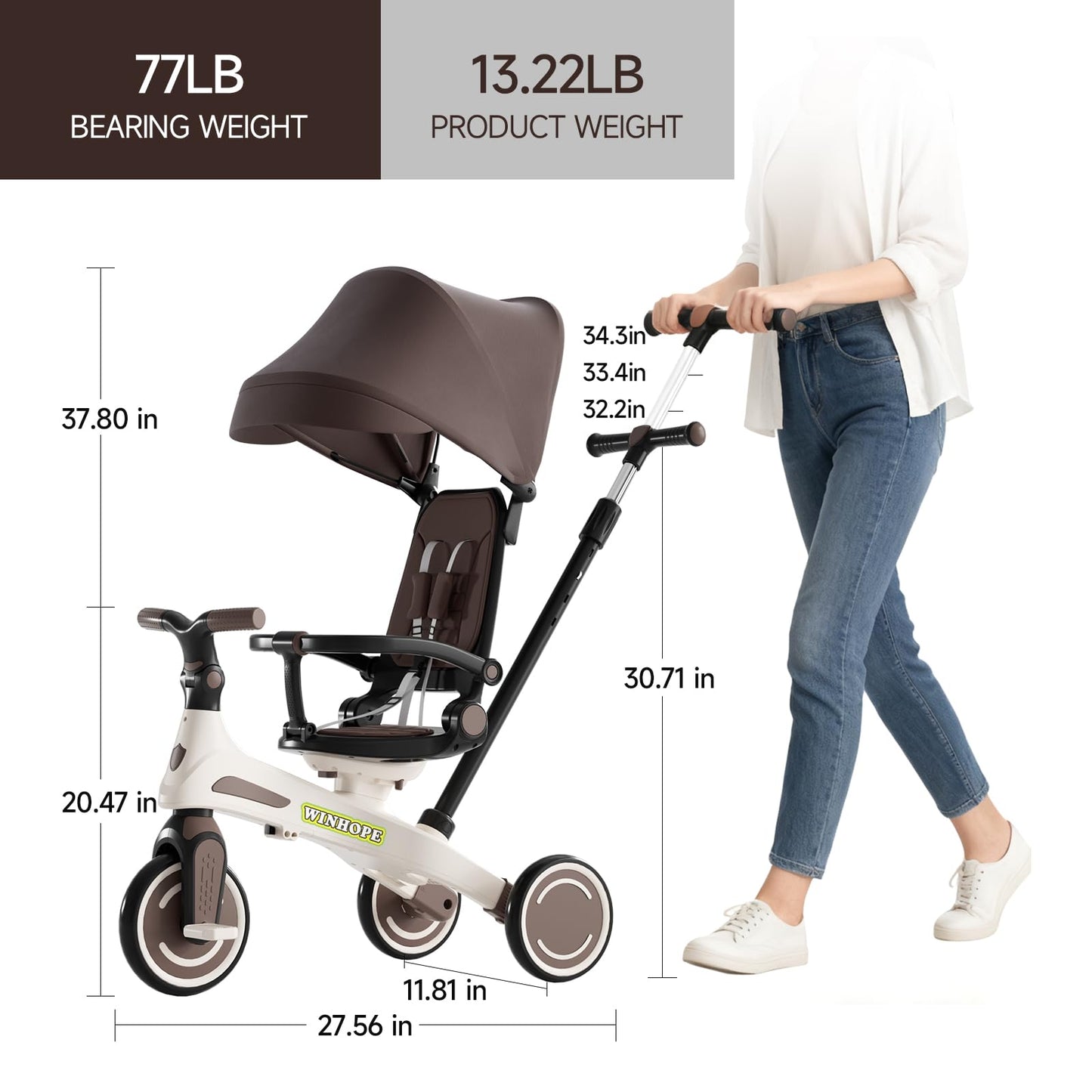 Winhope Kids Tricycle, 6 in 1 Baby's Tricycle Toddler Trike with Adjustable Push Handle, Reversible Seat and Canopy, Baby Stroller for 1-6 Year Olds, Suitable for Outdoor Activities(Coffee)