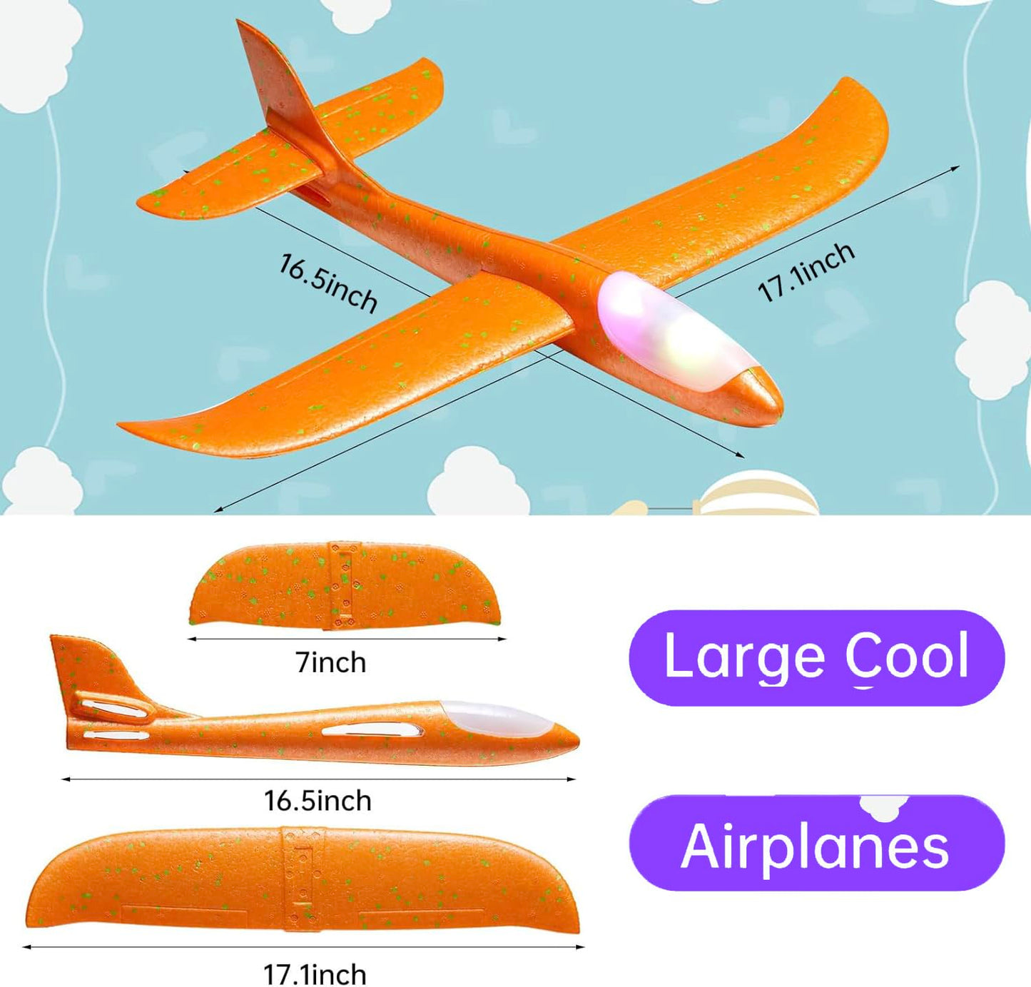 Tivcck 4 Pack LED Light Airplane Toys,17.5" Large Throwing Foam Plane,LED Foam Glider Planes,2 Flight Mode Glider Planes,Airplane Flying Toys for Kids Birthday Gift Outdoor Sport