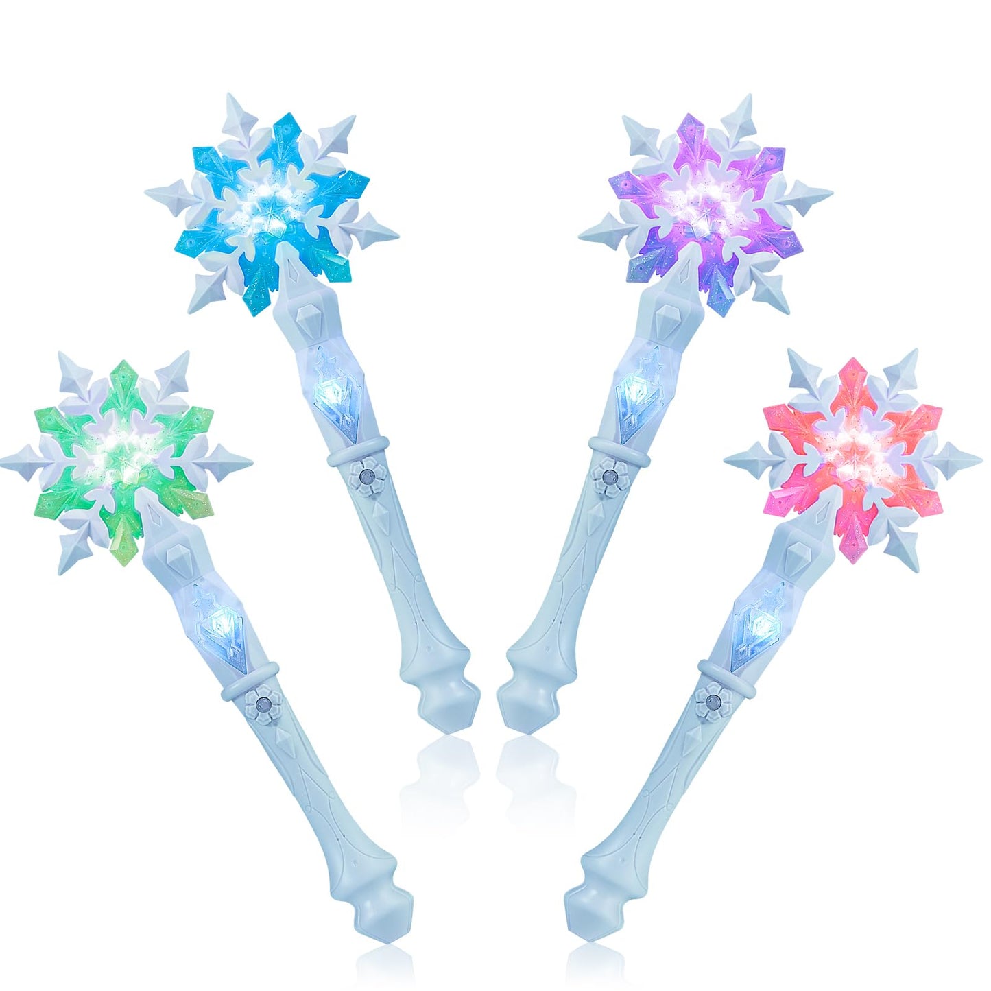 EnrichFun Light Up Frozen Snowflake Wand with Sound, Motion Sensitive Magic Princess Toys for Kids Girls Party Favors 4 Pieces, (Blue 4 Pack)