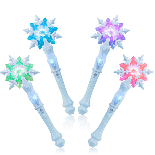 EnrichFun Light Up Frozen Snowflake Wand with Sound, Motion Sensitive Magic Princess Toys for Kids Girls Party Favors 4 Pieces, (Blue 4 Pack)