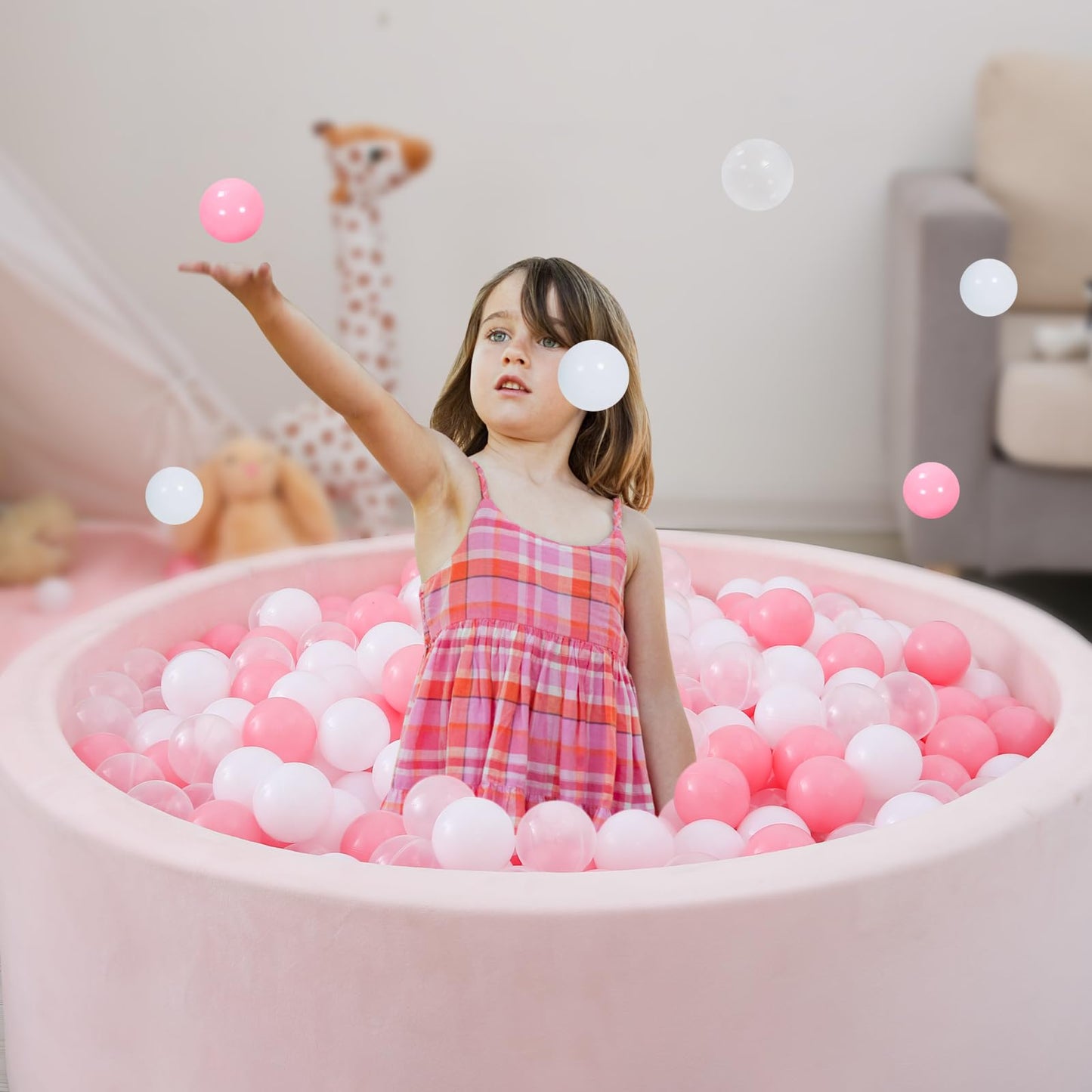 Heopeis Balls for Ball Pit, 100 pcs 2.2 Inches Thicken Soft Plastic Balls for Ball Pool, Crush Proof Ball Pit Balls BPA Phthalate Free Baby Toddler Toy Ball with 3 Color Pink White and Clear