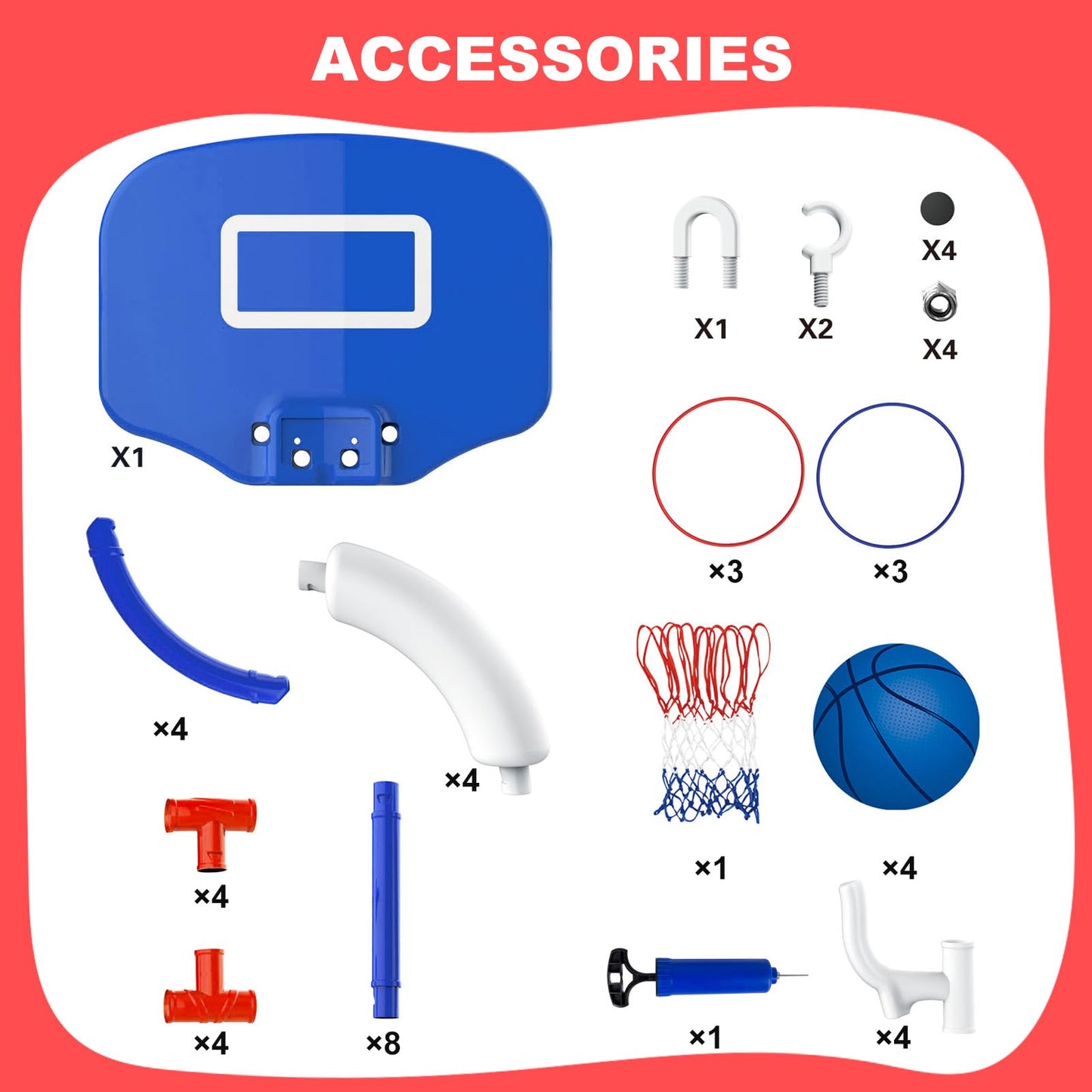 EXCECAR 2-in-1 Floating Pool Basketball Hoop Set,Blue Swimming Pool Basketball Hoop with Backboard,4 Balls,6 Rings & Pump,Water Basketball Hoop for Pool Party Fun & Outdoor Indoor Pool Toys