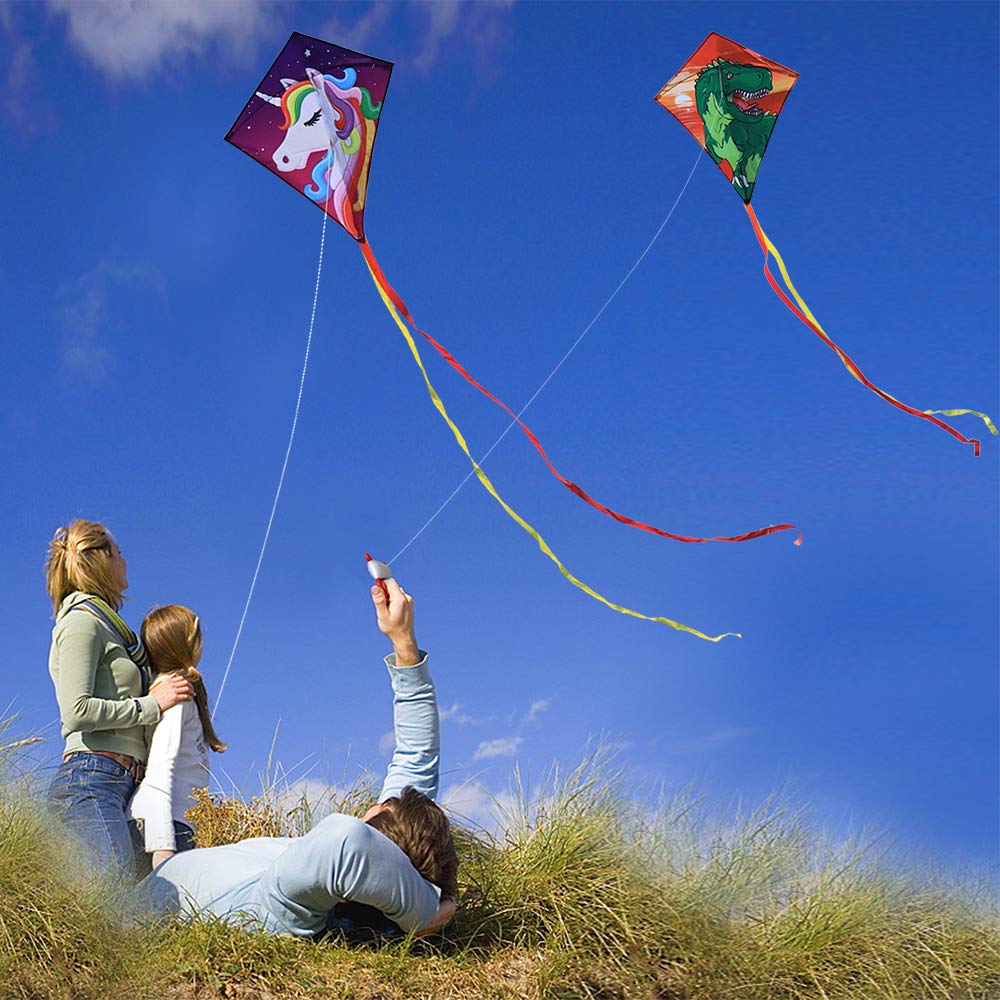 [2 Pack] Diamond Kites Dinasour+Unicorn Eddy Kite for Children, Wonderful Beginner Kites for 3 Years up, 60x70cm with 2x300cm Long Tails, Kite Handle, 60m String and Swivel incloud