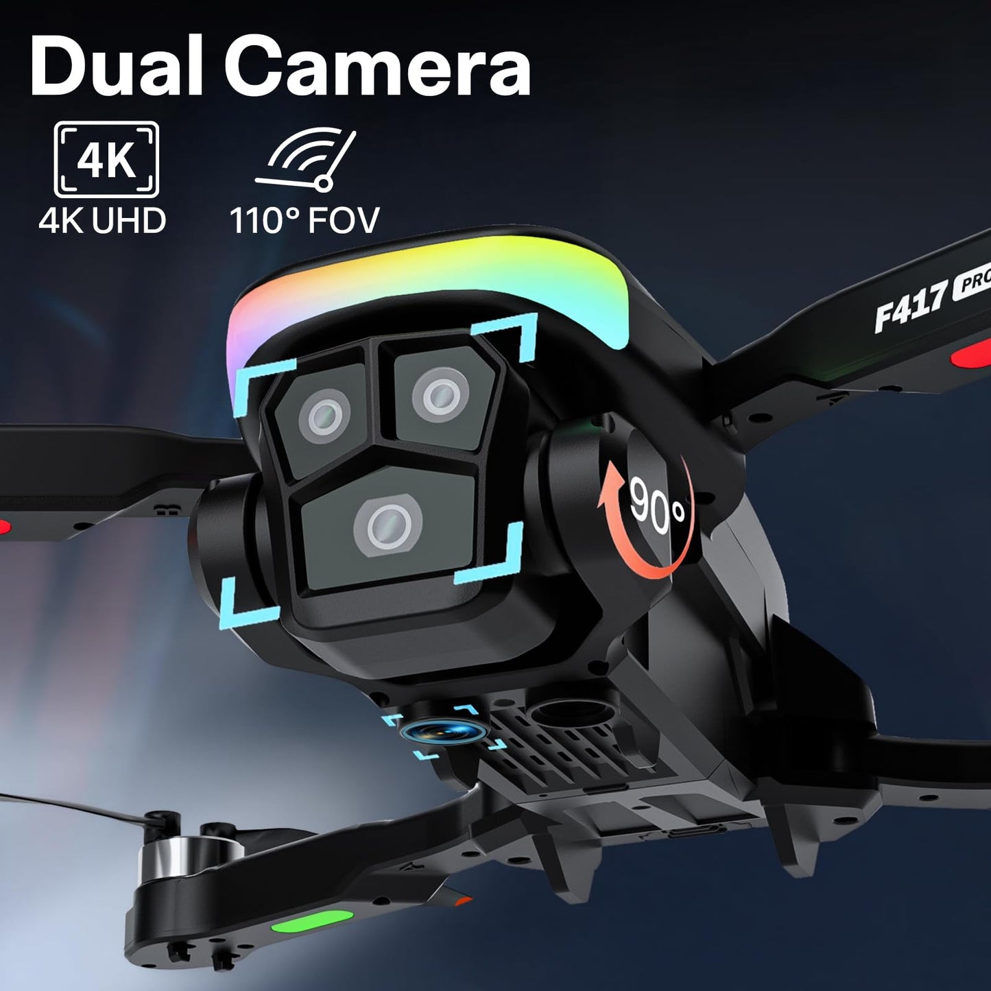 F417PRO Drone with 4K Camera Screen Remote Control,RGB LED Light FPV Drone Quadcopter for Adults Beginners,Headless Mode Altitude Hold Optical Flow Positioning,One Key Start/Land Foldable