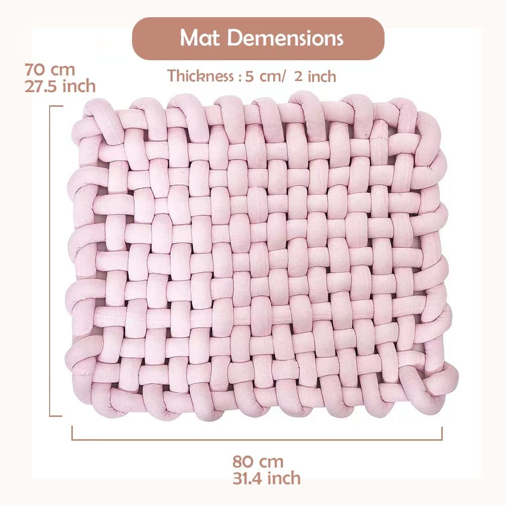 Wonder Space Knotted Braided Plush Mat, Baby Infant Newborn Tummy Time Playing Nursery Rug Knot Floor Cushion, Handmade Pure Soft Fabric, Fashion Cute Toddler Children Room Decor, Pink
