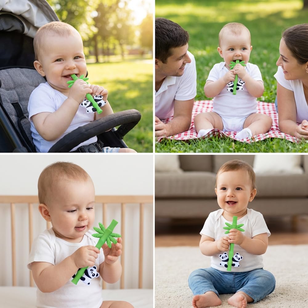Baby Teether Toy Panda Shape Silicone Teething Toys for Babies 0-24 Months, Chew Toys for Infants Teething Relief, Hollow Tube Toothbrush Head for Gum Massage and Self-Brushing Training, Easy to Grip