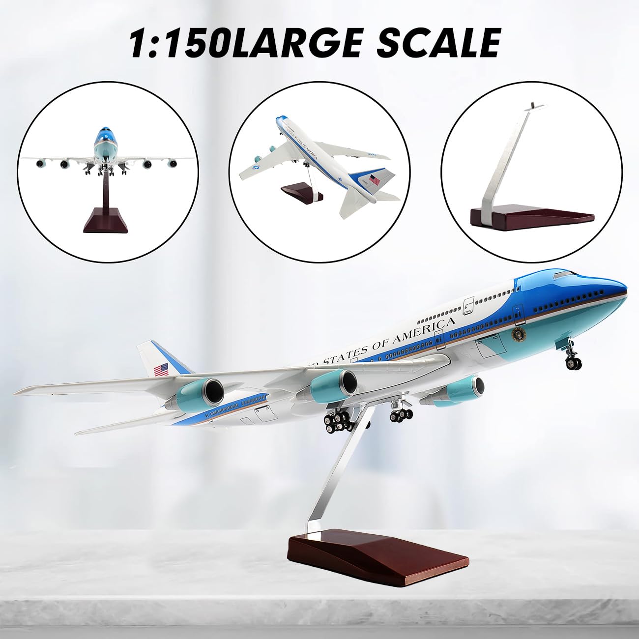1/150 Scale Diecast Boeing 747 Airplane - US Airlines Air Force Model with Landing Gear, Voice Control, Cabin Light
