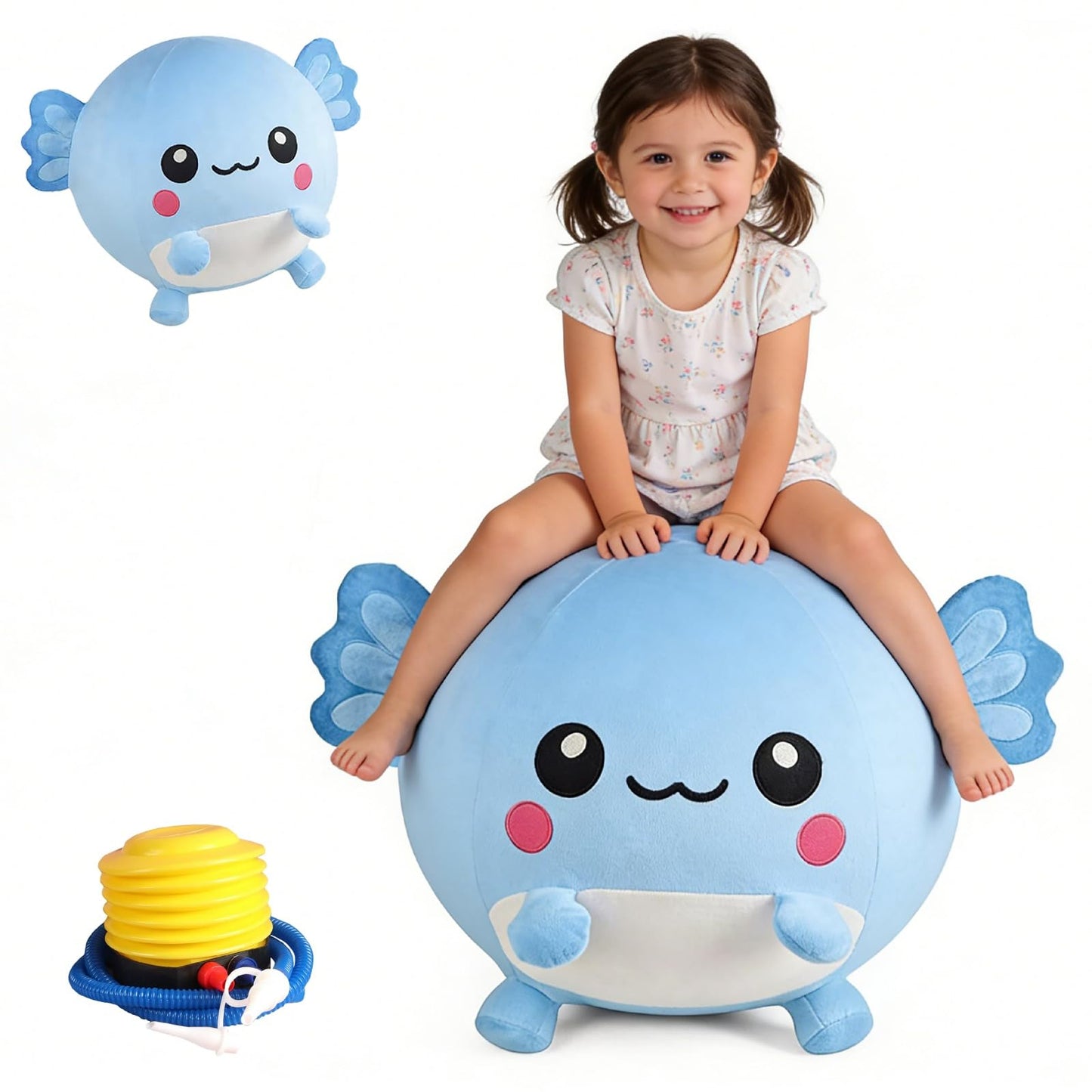 Lechonix Bouncing Balls for Kids, 29in/73cm Axolotl Plush Axolotl Toys for Girls, Inflatable Ride on Bouncer W/Pump Bounce Ball Support Up to 176 Pounds, Indoor Outdoor, Blue(5-7 Years)