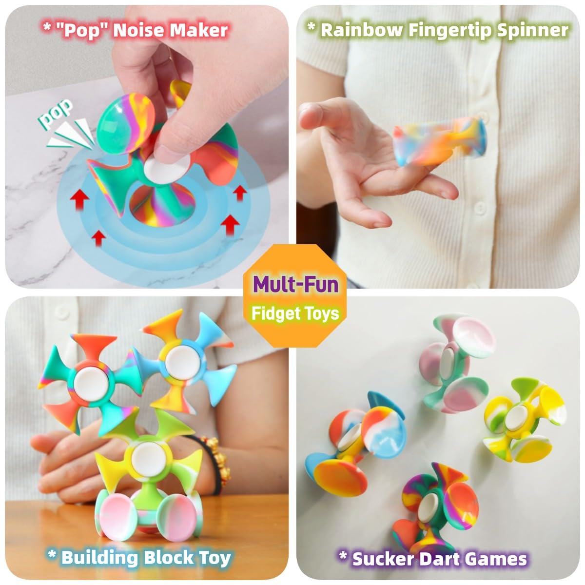 4 Pack Fidget Spinner with Suction Cup - Safe and Soft Sensory Anxiety Relief Toy for Adults and Kids 8-12 | Perfect Suction Dart Target Game, Classroom Focus Tool & Party Favors