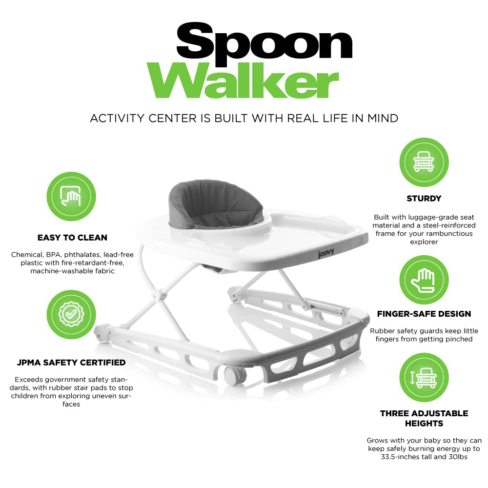 Joovy Spoon Baby Walker & Activity Center Featuring Three Adjustable Heights, Extra-Large Tray, and 30 lb Weight Capacity - JPMA Safety Certified, Charcoal