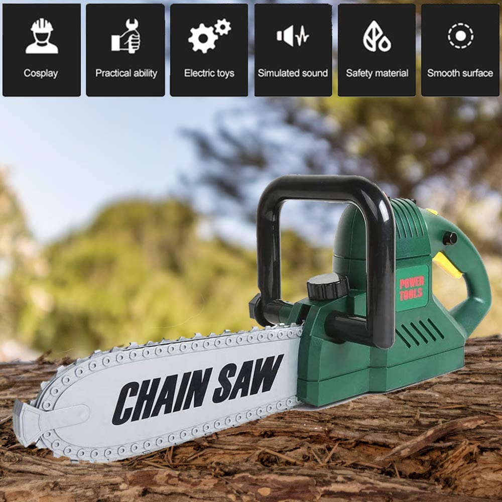 Kids Electric Chainsaw Toy Tool Pretend Play Set with Safety Goggles, Work Gloves | Rotating Chain and Realistic Sound Effects