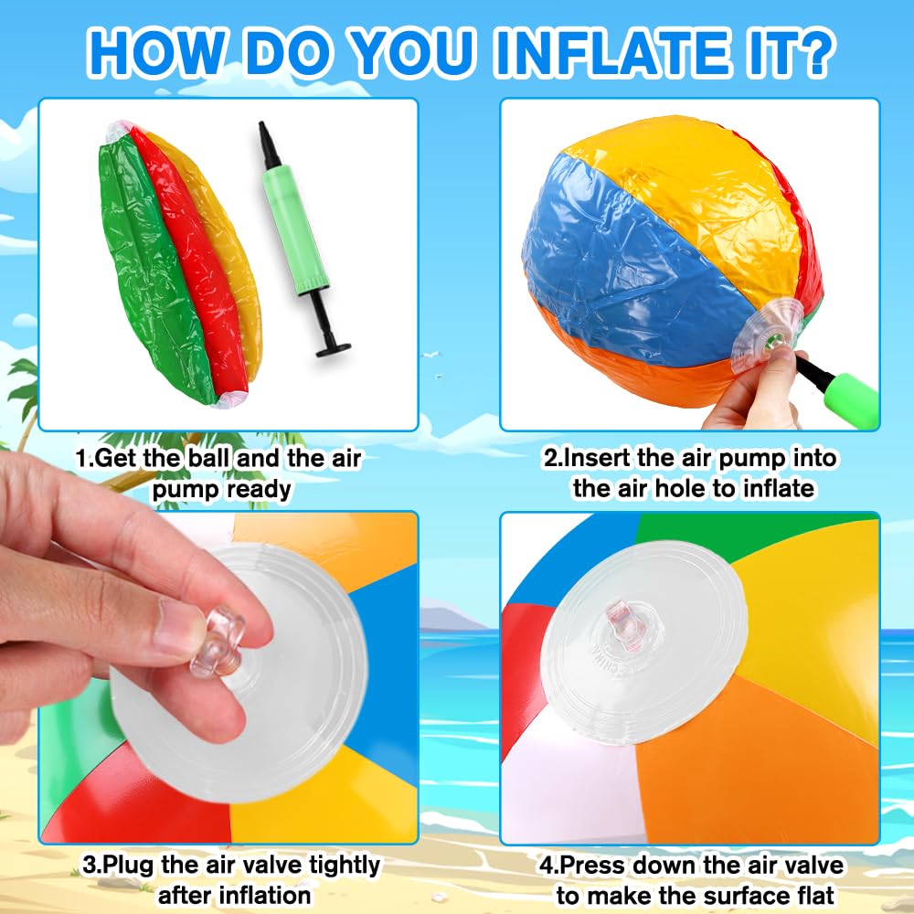 Vellibring 24 Pack 12" Summer Inflatable Beach Balls Bulk Rainbow Swimming Pool Water Games Toys for Kids Summer Party Supplies Decorations