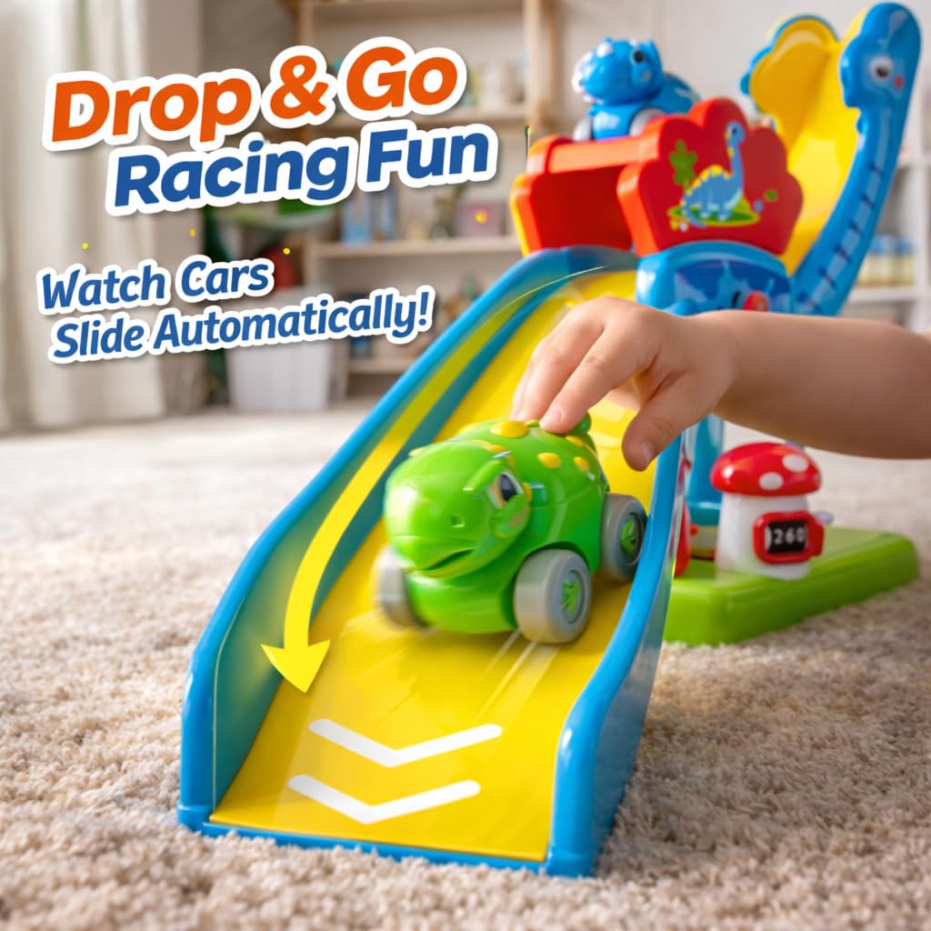 Dinosaur Car Ramp Toy for Toddlers 1-3, Drop & Go Ramp Racer with 4 Mini Cars, Educational Toy for 1 2 Year Old Boys Girls, First Birthday Gift
