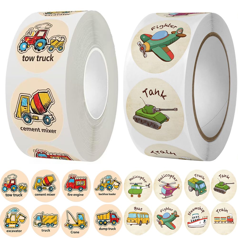 1000PCS Cartoon Transportation Sticker Car Bus Truck Airplane Construction Vehicle Sticker Kindergarten Rewards Stickers Roll Teaching Training Potty Stickers (Truck)