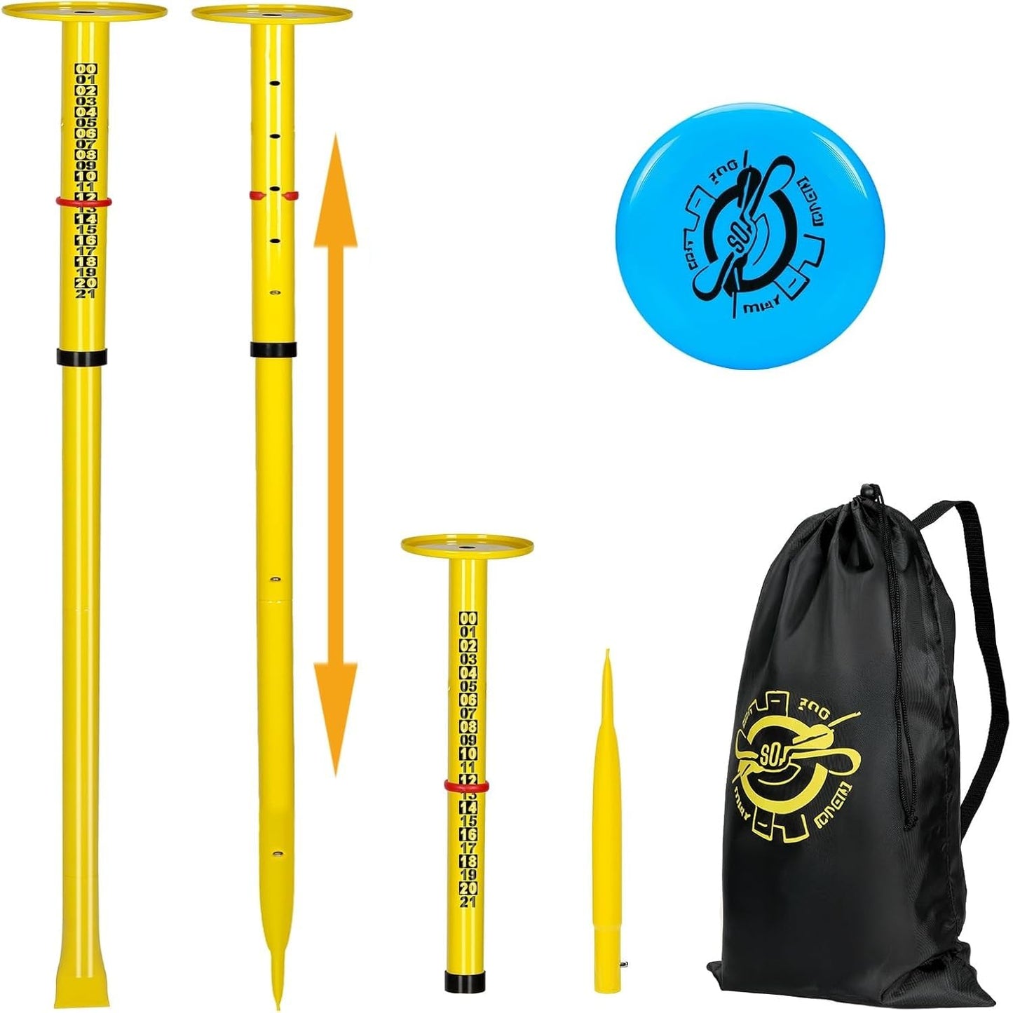 PUULIVEE Super Stable Outdoor Flying Disc Game Set, Portable Fun Bottle Drop Yard Game for Family & Adult with Adjustable Heavy Duty Steel Pole, Durable Bag - Easy Set Up