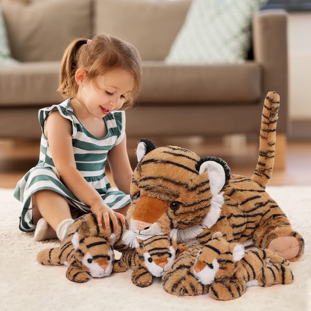 MaoGoLan 20" Tiger Stuffed Animals Set - Giant Stuffed Mommy Tiger with 3 Babies Plush Toy Birthday Gift for Kids Boys Girls - 4PCs Large Wild Zoo Stuffed Animal Plush Toy Christmas Baby Shower Decor