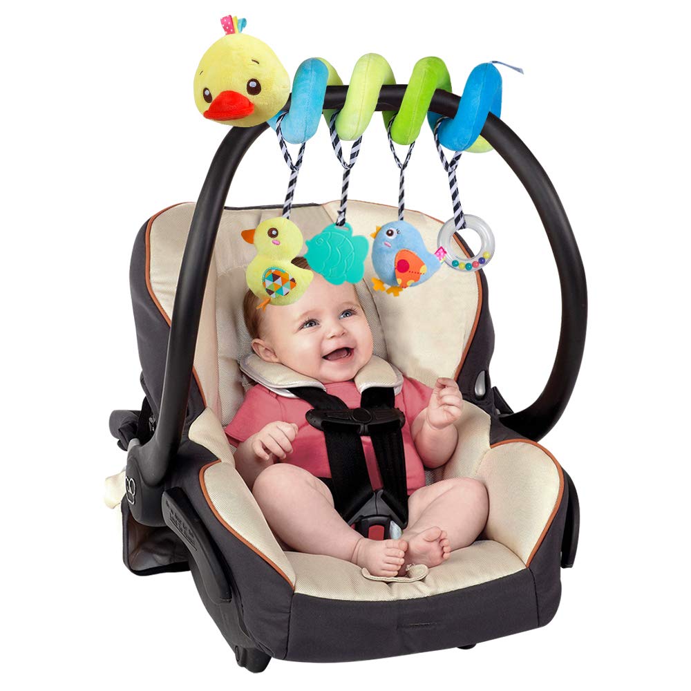 Caterbee Baby car seat Toys, Activity Spiral hangings pram Toys, Plush Crib Toys with Squeaky for boy or Girl (Duck)