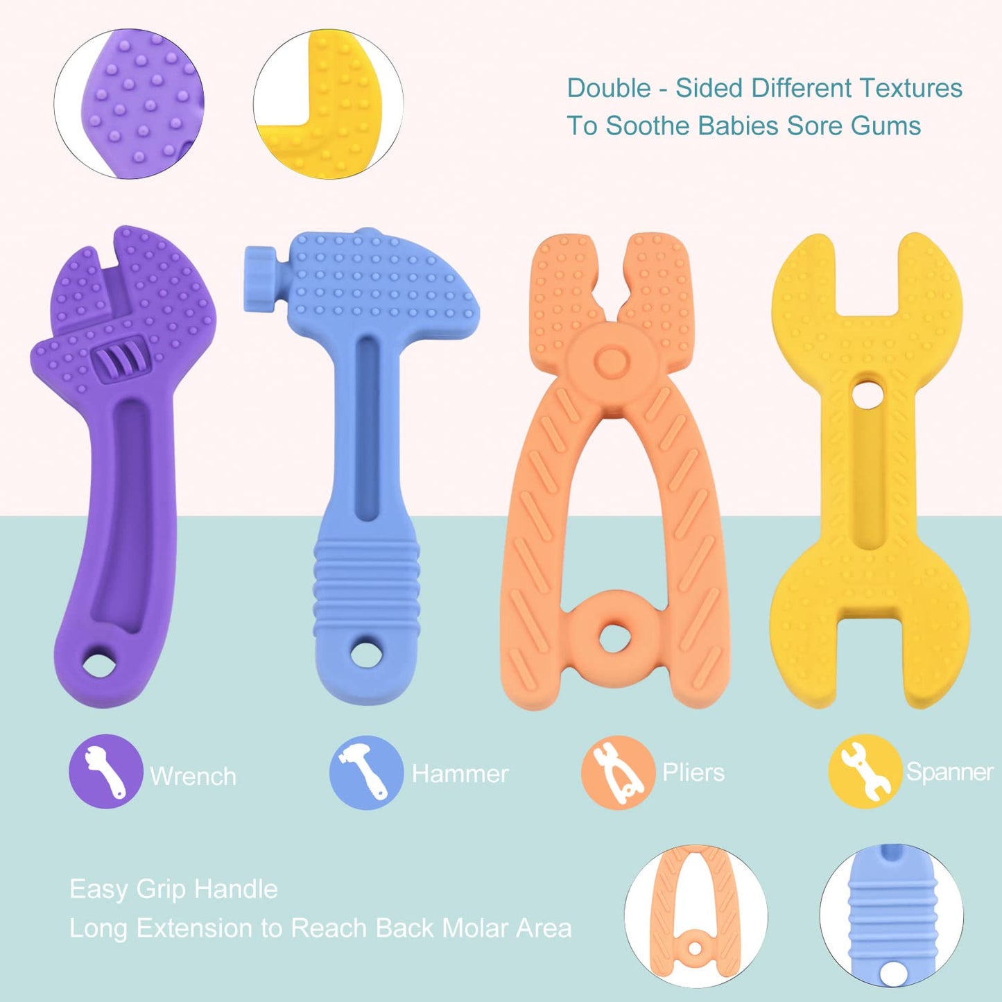 Teething Toys for Babies, Baby Teething Toys, Silicone Baby Teether Toys, Baby Chew Toys, Molar Teether, Hammer Wrench Spanner Pliers Shape Teething Toys for Boys Girls