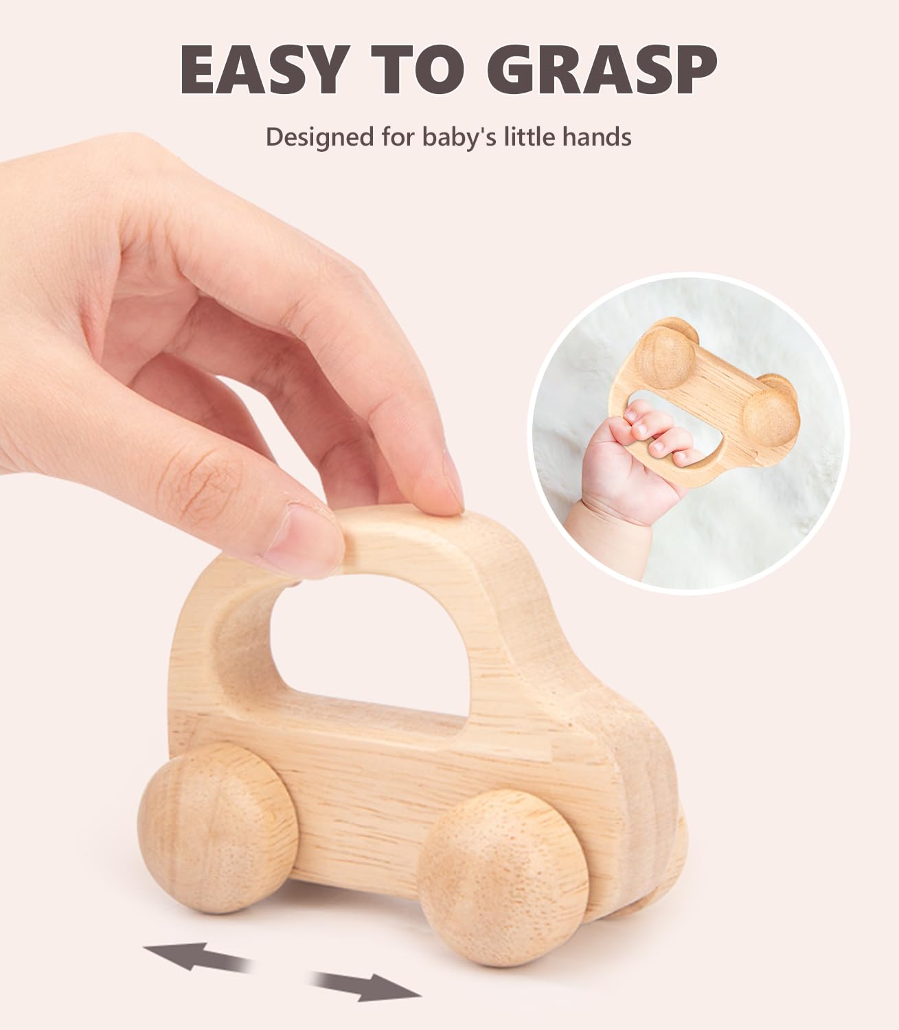 2 PCS Wooden Baby Car Toys for Toddlers 1-3 Years Old, Montessori Wooden Cars for Babies 0-6-12 Months, Neutral Wood Car Toys for Boys, Baby Nursery Decor, Early Learning Kids Wood Toys