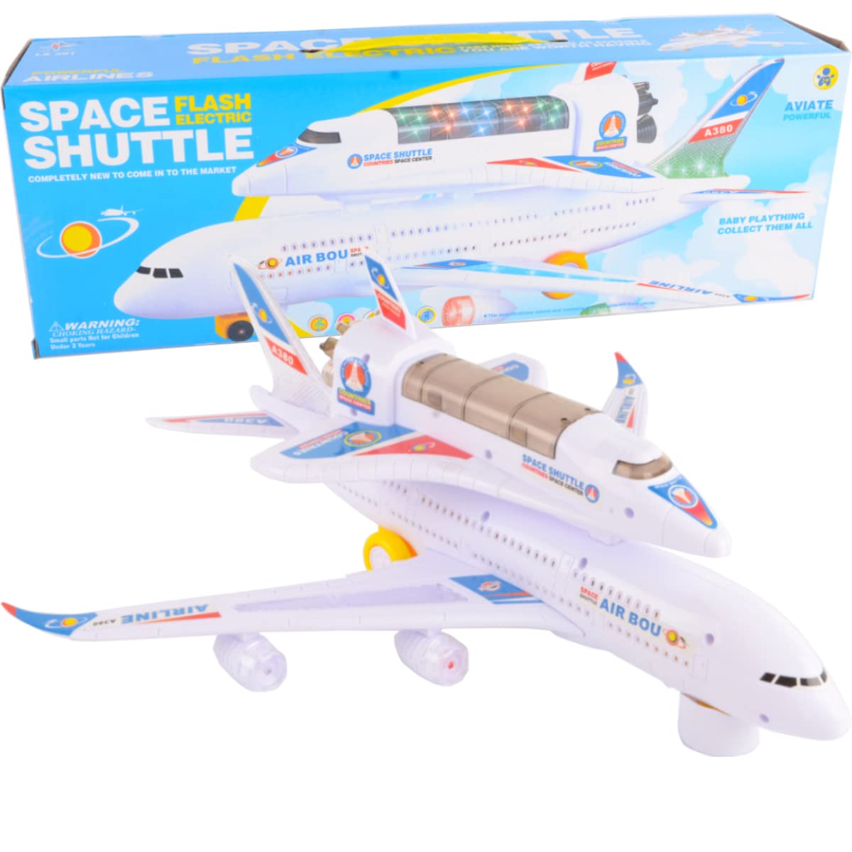 Liberty Imports Electric Airplane Space Shuttle Carrier Transporter Bump and Go Kids Action Toy - Big Model Jumbo Jet with Flashing 3D Lights and Realistic Aircraft Plane Sounds