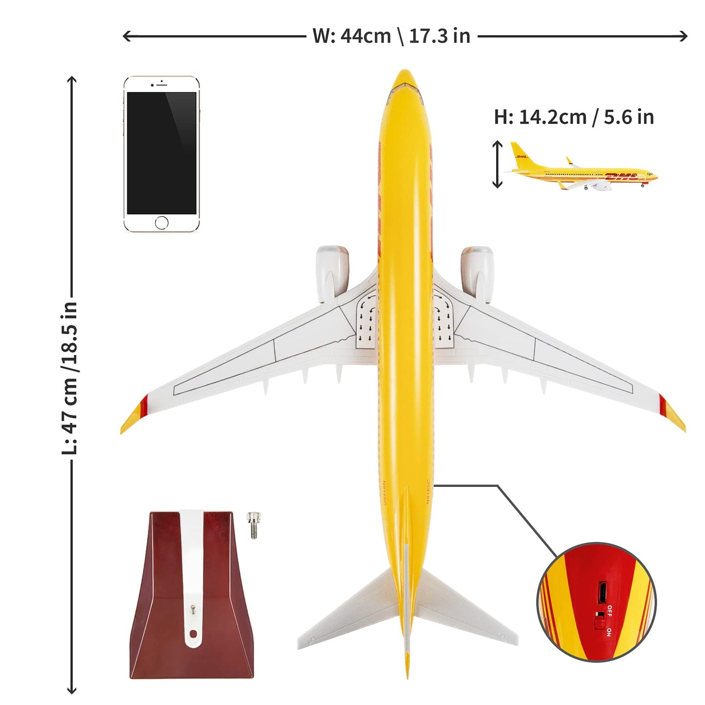 24-Hours 18” 1:80 Scale Model Jet DHL Airplane B737 Model Planes Display Model Airplane Diecast Airplanes Model Kits for Adults with LED Light(Touch or Sound Control) (DHL 737)